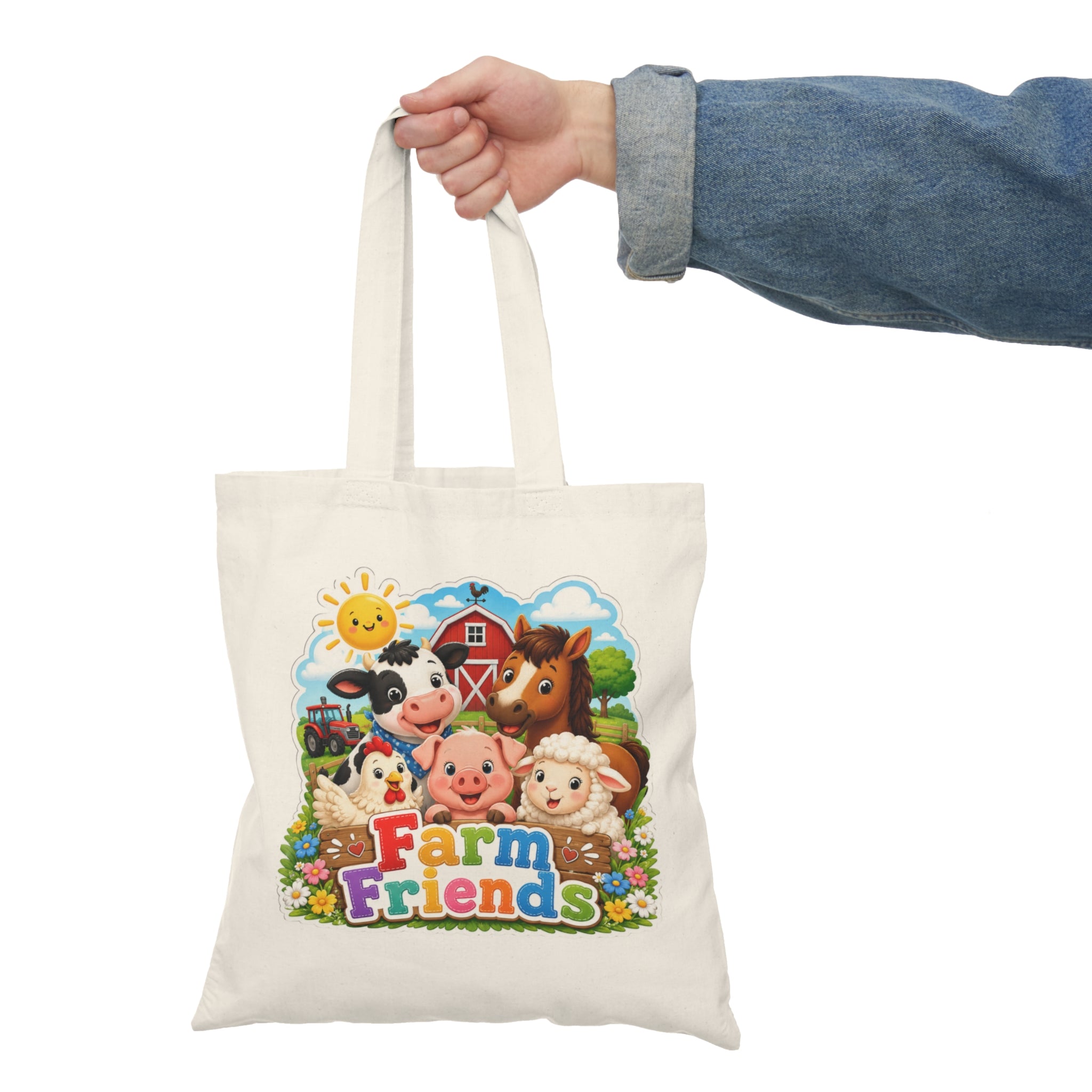 Farm Friends Natural Tote Bag – Cute Cartoon Barnyard Animals Grocery & Kids Market Tote