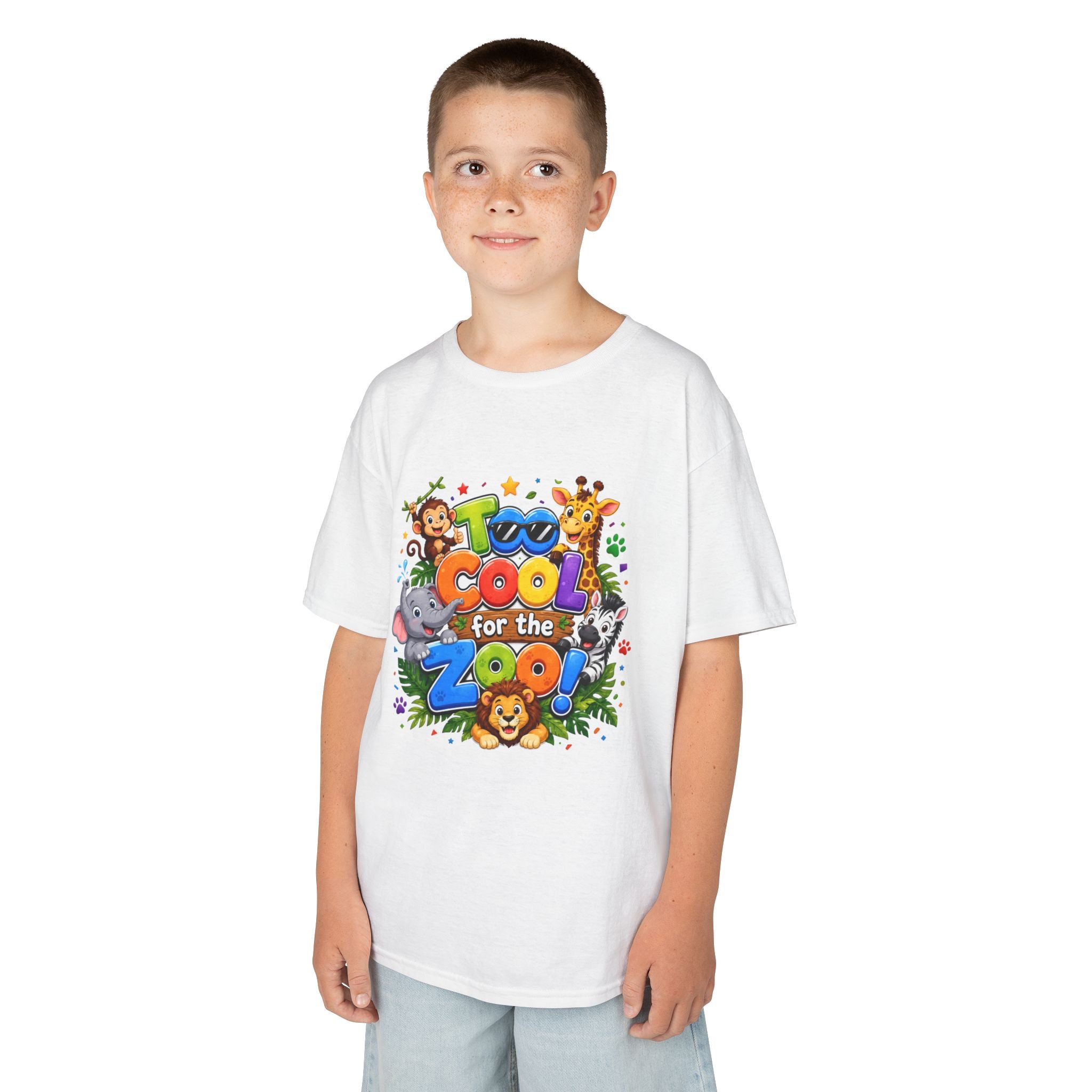 Kids Tee — "Too Cool for the Zoo" Colorful Animal Graphic