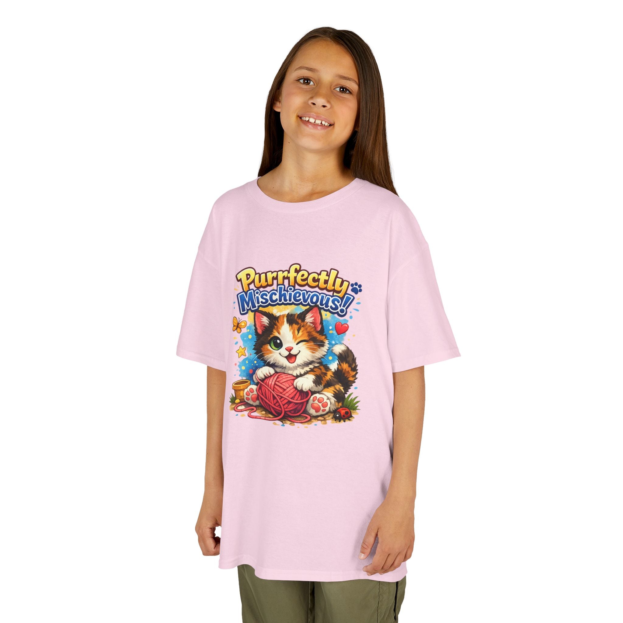 Kids T-Shirt — "Purrfectly Mischievous" Cute Kitten Playing with Yarn