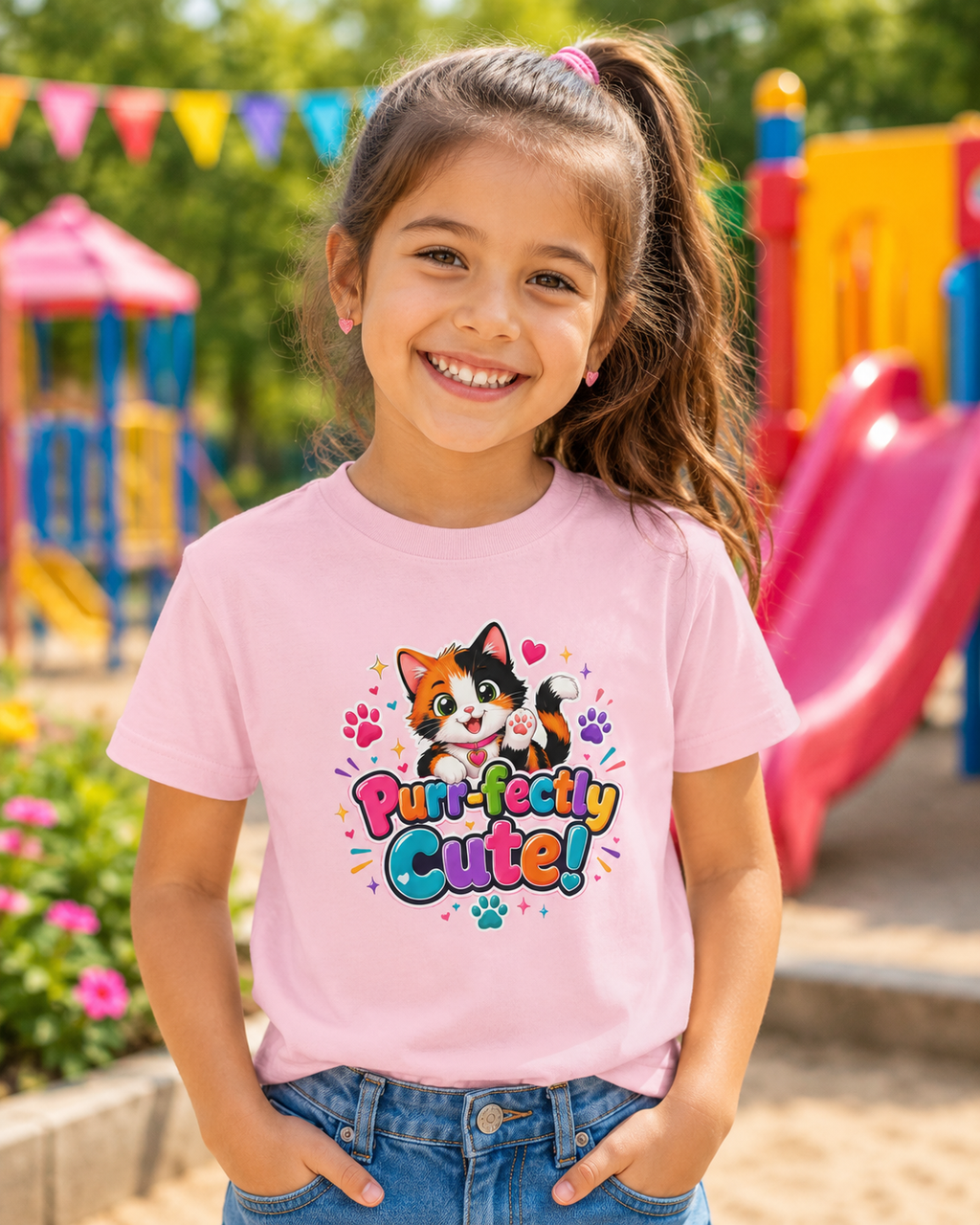 Kids Tee — “Purr-fectly Cute!” Colorful Calico Cat Graphic