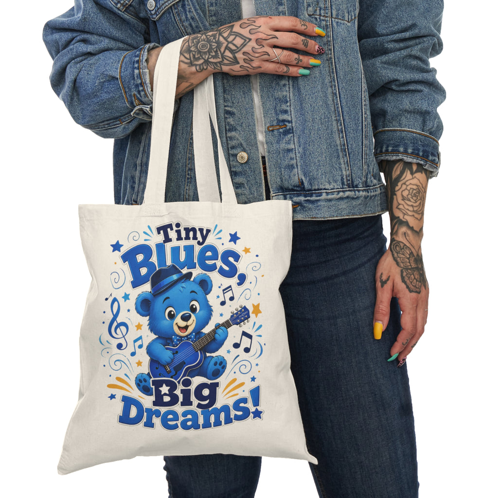 Tiny Blues Big Dreams Tote Bag — Cute Blue Bear Music Graphic Cotton Tote
