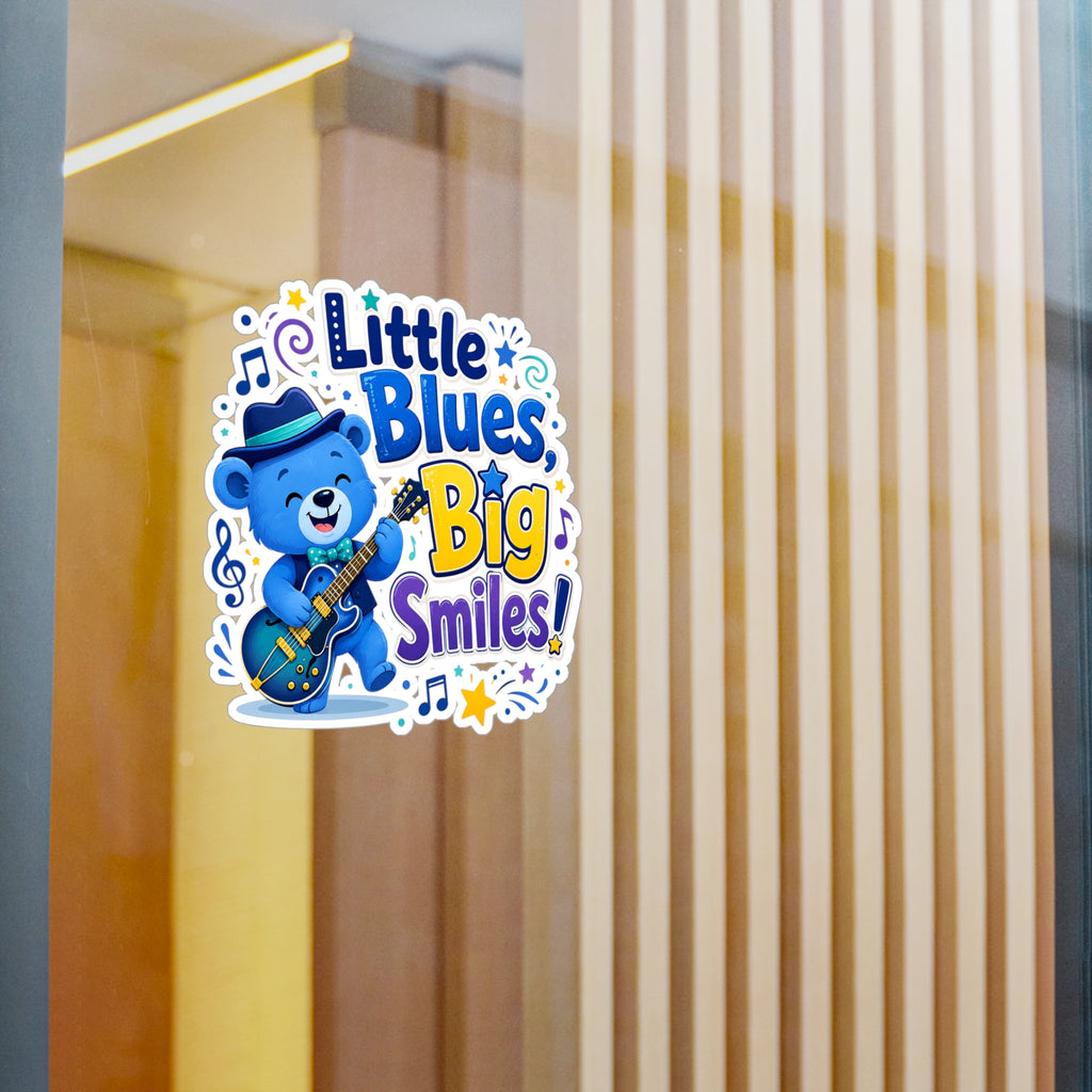 Little Blues Big Smiles Sticker — Cute Guitar Bear Kiss-Cut Vinyl Decal