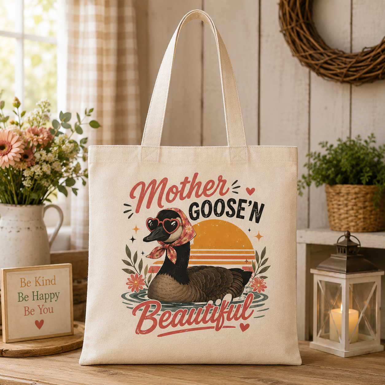Mother Goose'n Beautiful Tote Bag — Cute Vintage Goose Mom Canvas Tote for Mother’s Day