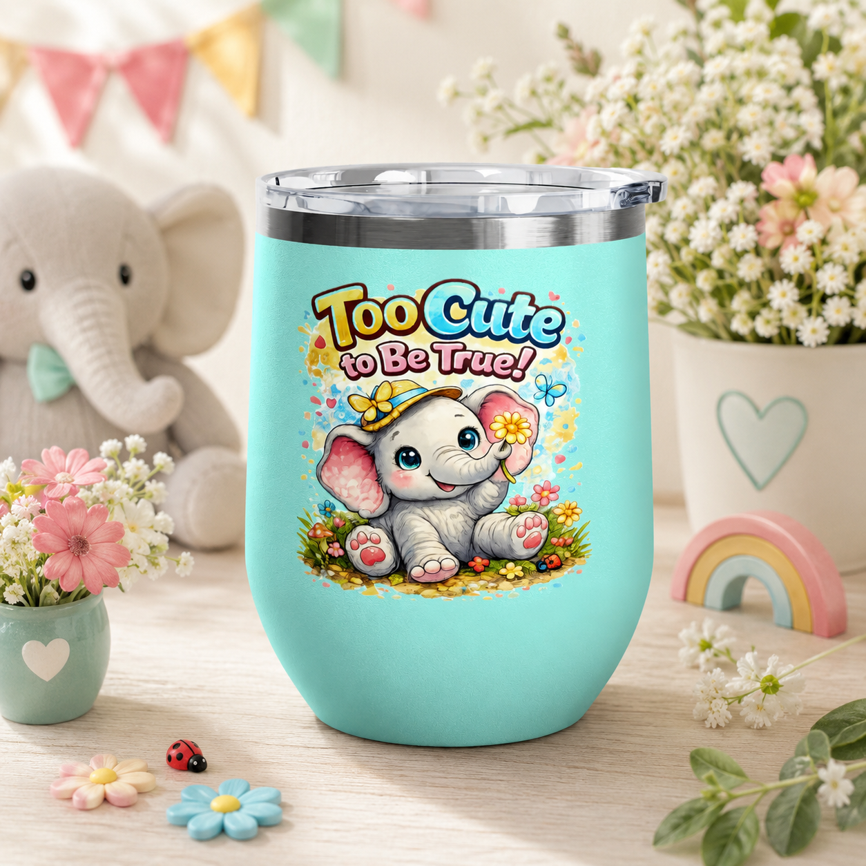 12oz Tumbler - "Too Cute to Be True" Baby Elephant Floral Design