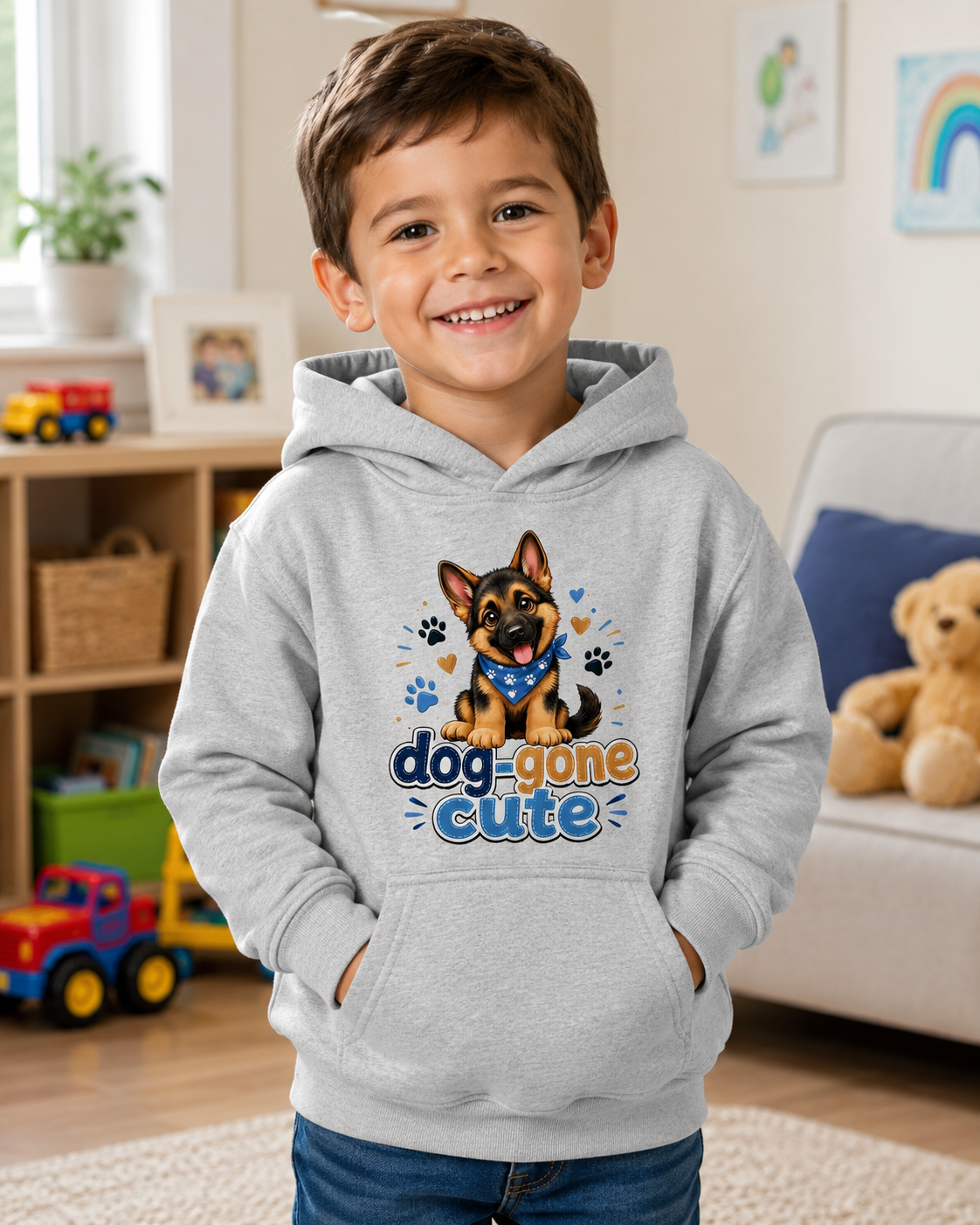 Kids Hoodie - "Dog-Gone Cute" German Shepherd Puppy Graphic Hoodie for Children