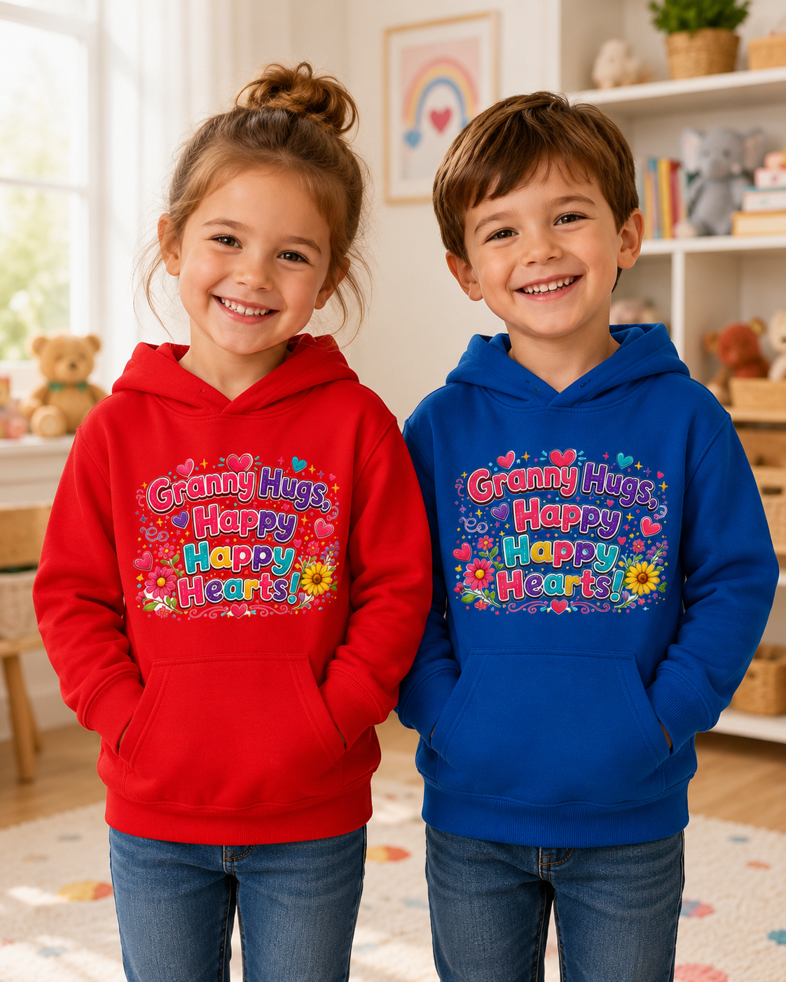 Granny Hugs Happy Happy Heart Kids Hoodie | Colorful Floral Heart Design