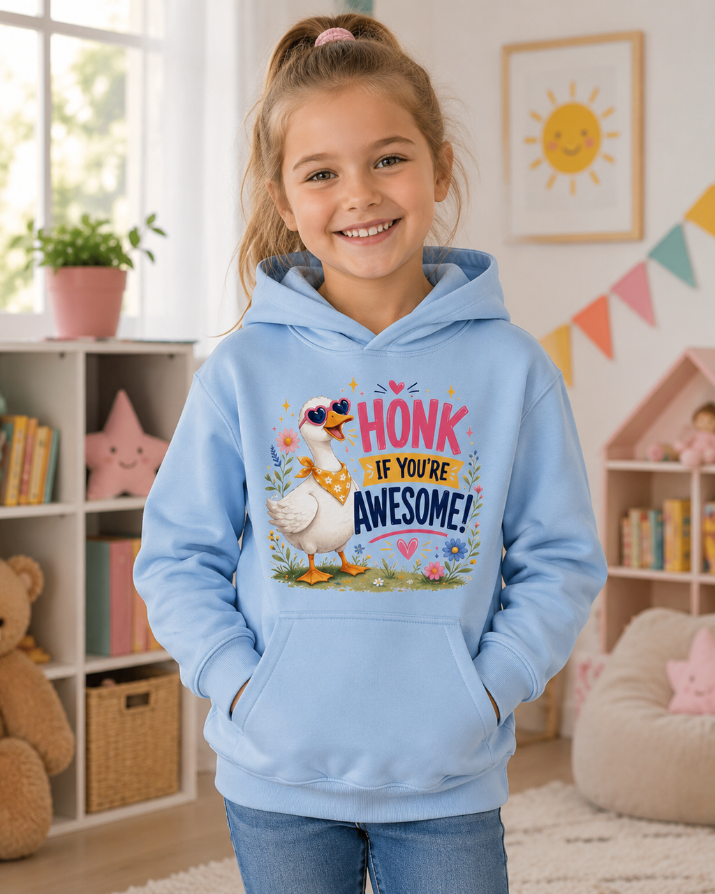 Kids Hoodie — "Honk If You're Awesome" Cute Goose Pullover for Children