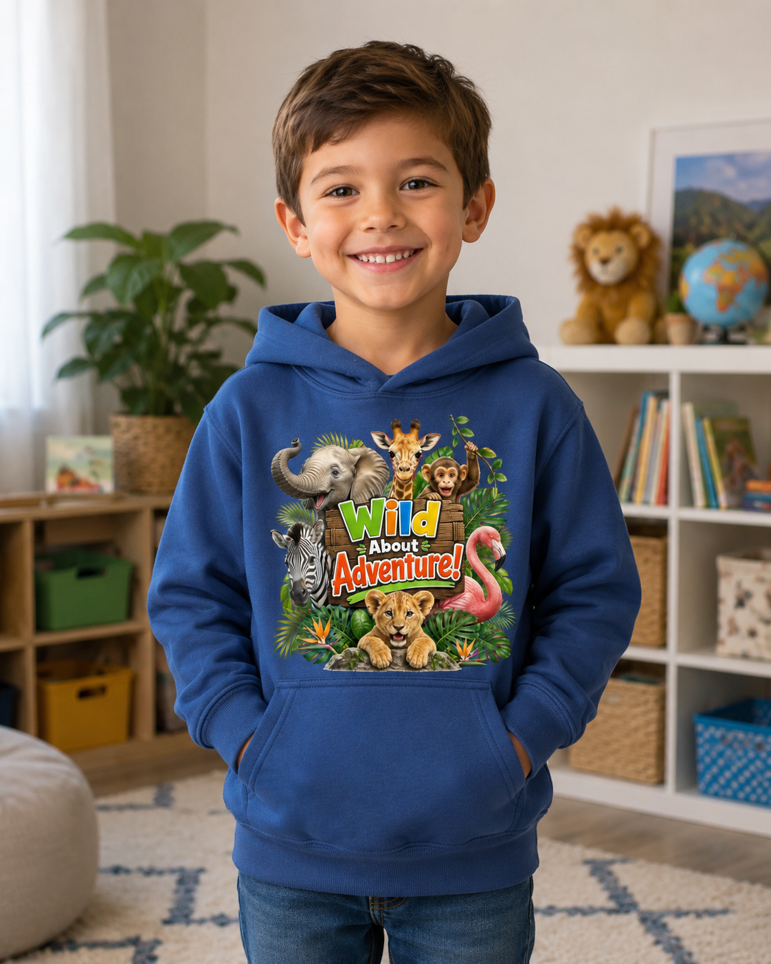 Kids Hoodie - "Wild About Adventure" Cute Jungle Animal Graphic Hoodie for Boys & Girls
