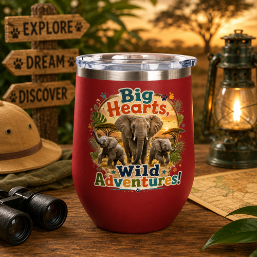 12oz Tumbler — "Big Hearts, Wild Adventures!" Elephant Safari Travel Cup