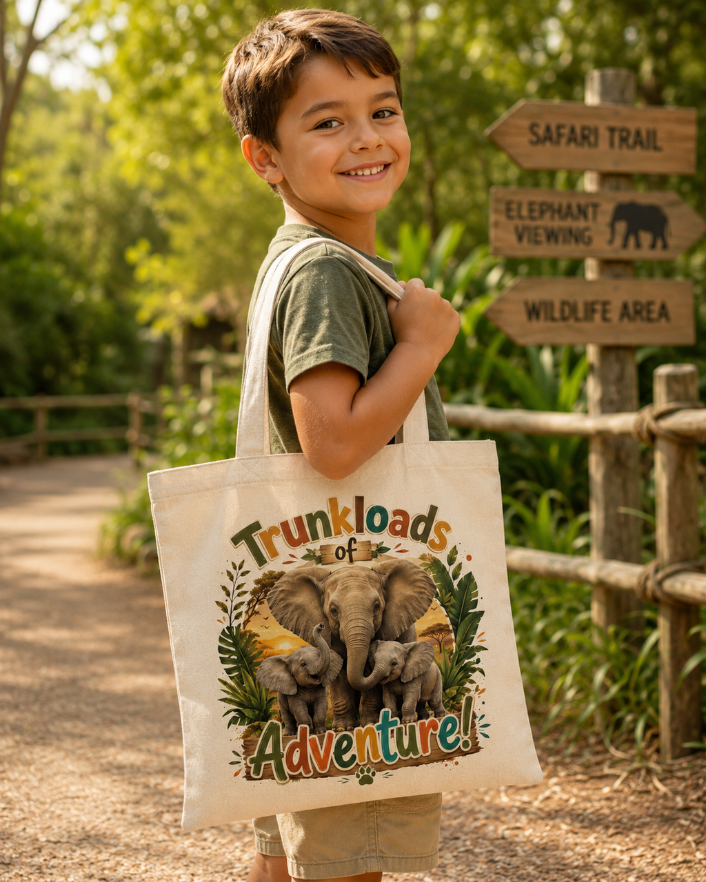 Elephant 'Trunkloads of Adventure' Natural Tote Bag