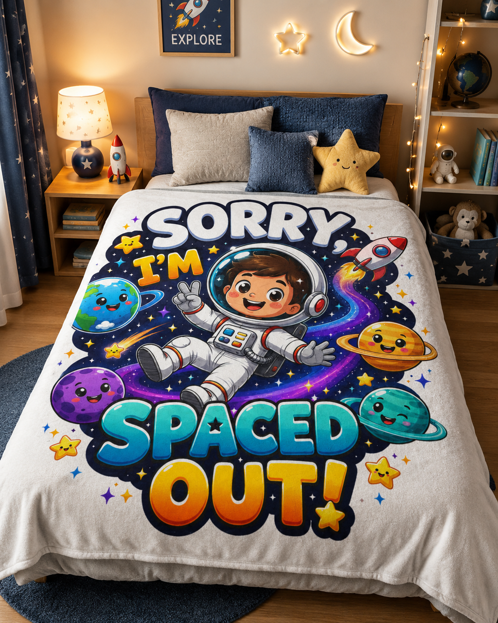 Spaced Out Astronaut Blanket — "Sorry I’m Spaced Out!" Plush Throw for Kids