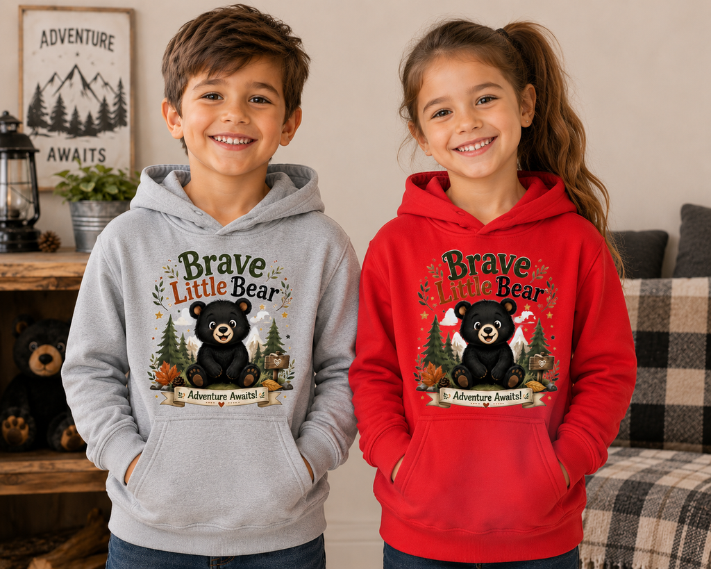 Brave Little Bear Kids Hoodie — 'Adventure Awaits' Woodland Bear Sweatshirt