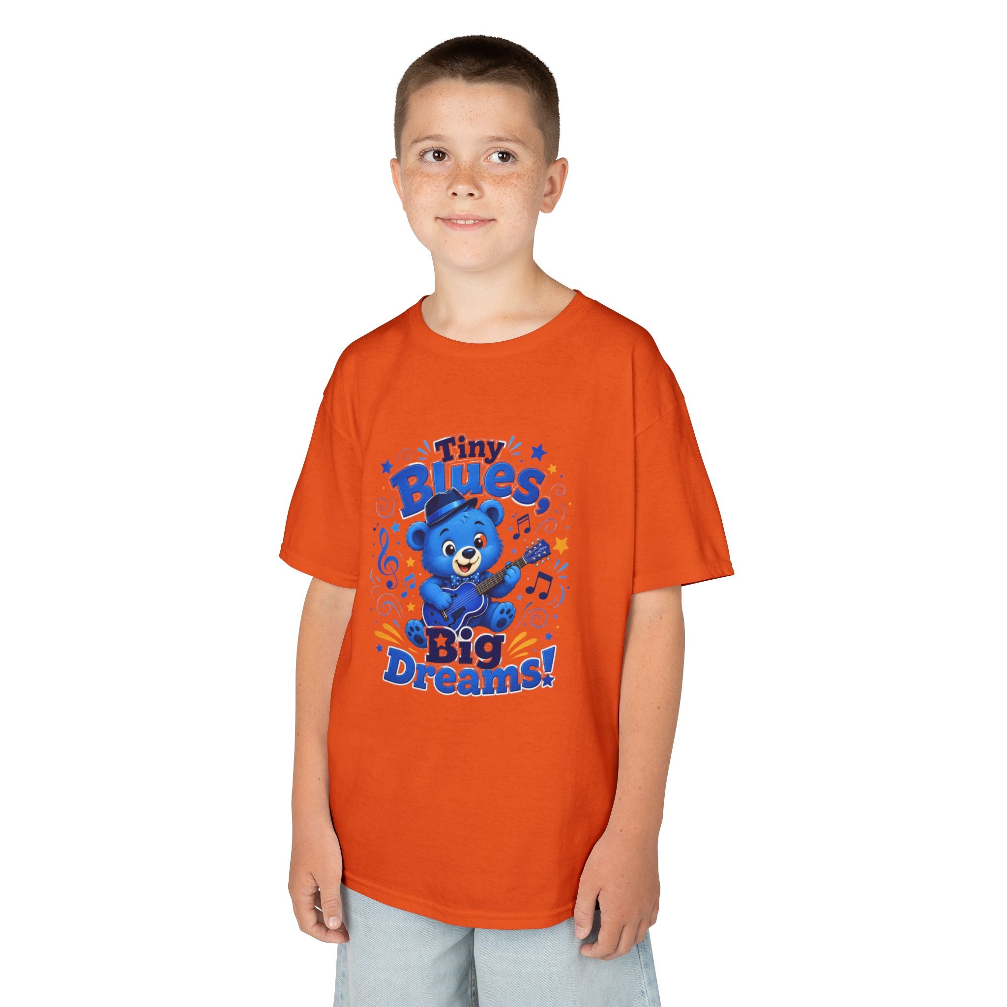 Kids Tee - "Tiny Blues, Big Dreams!" Cute Blue Bear Music Graphic