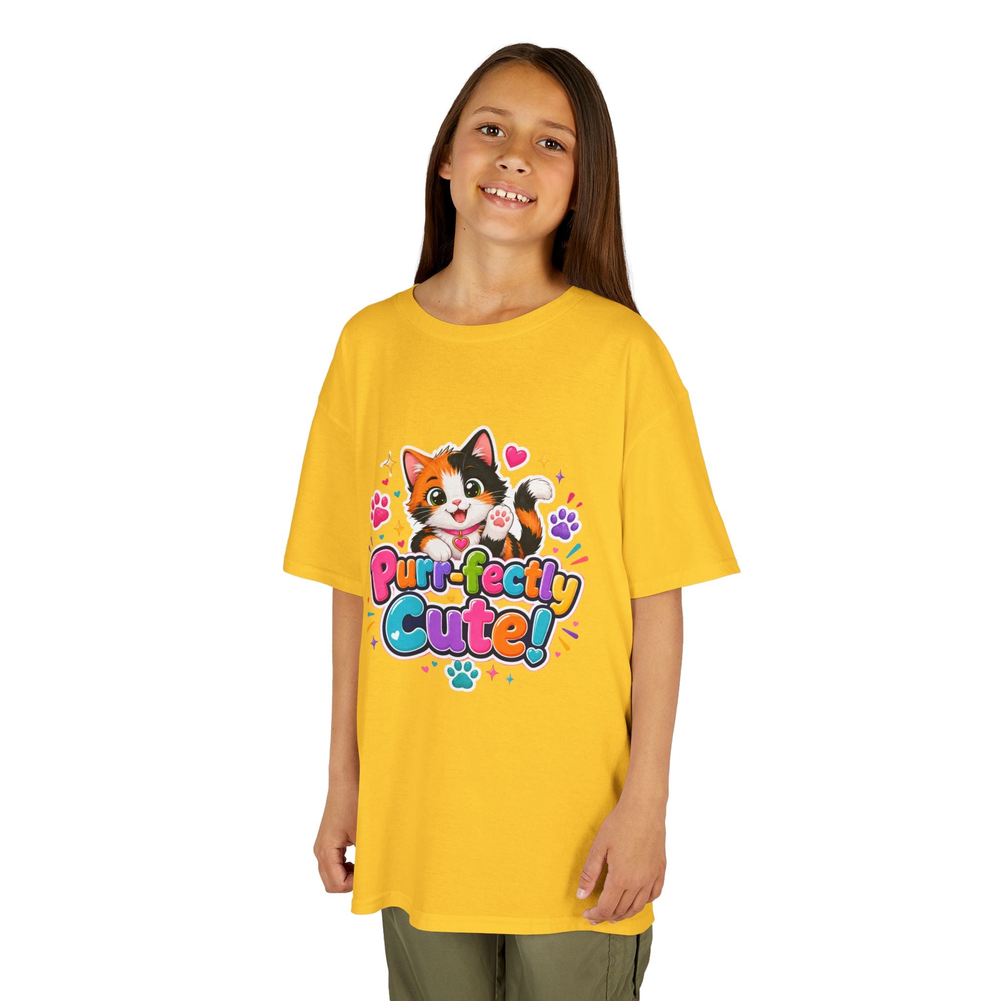 Kids Tee — “Purr-fectly Cute!” Colorful Calico Cat Graphic