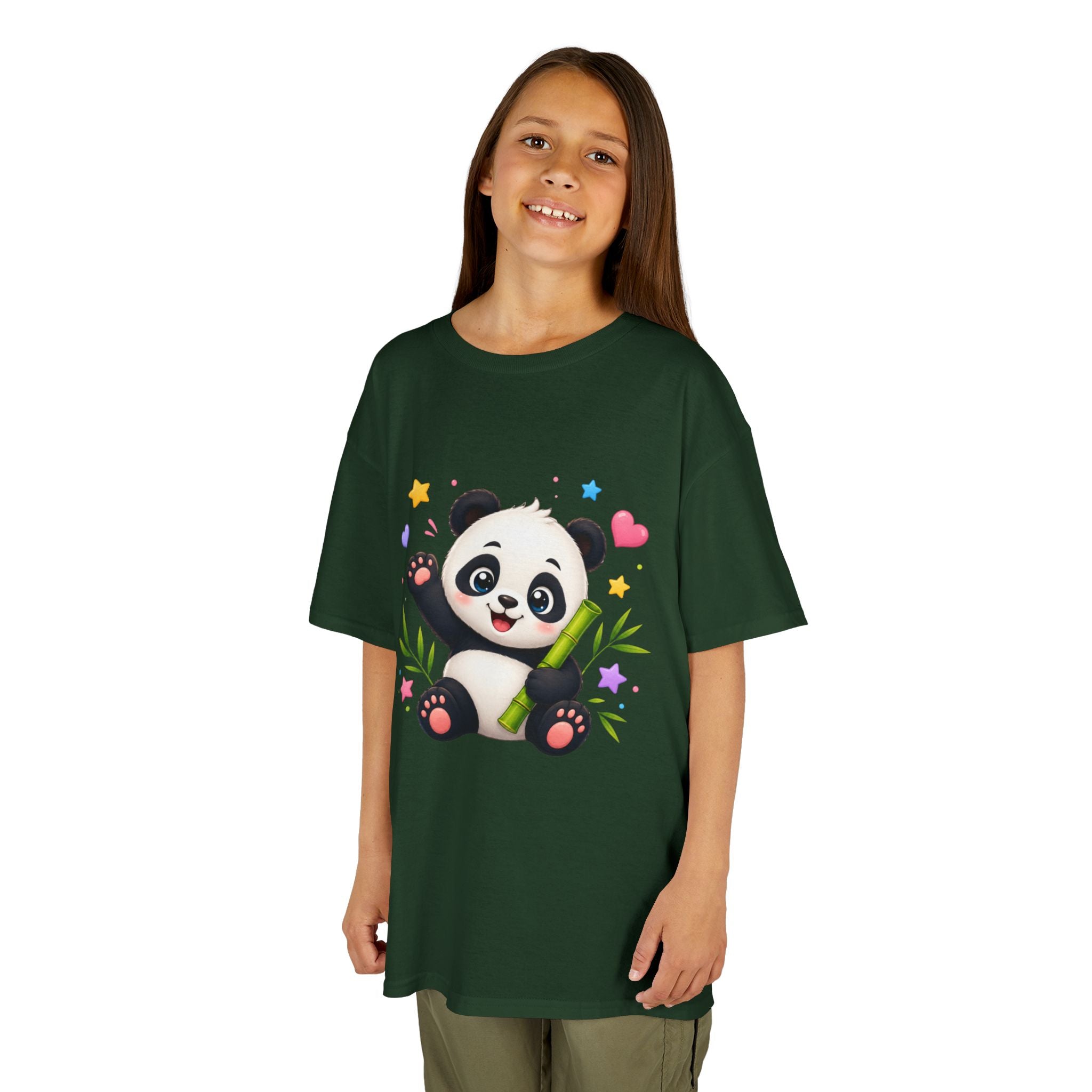Cute Panda Kids T‑Shirt — Smiling Baby Panda with Hearts & Bamboo