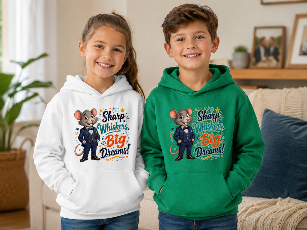 Kids Hoodie — Sharp Whiskers, Big Dreams! Cute Motivational Mouse Graphic Hoodie
