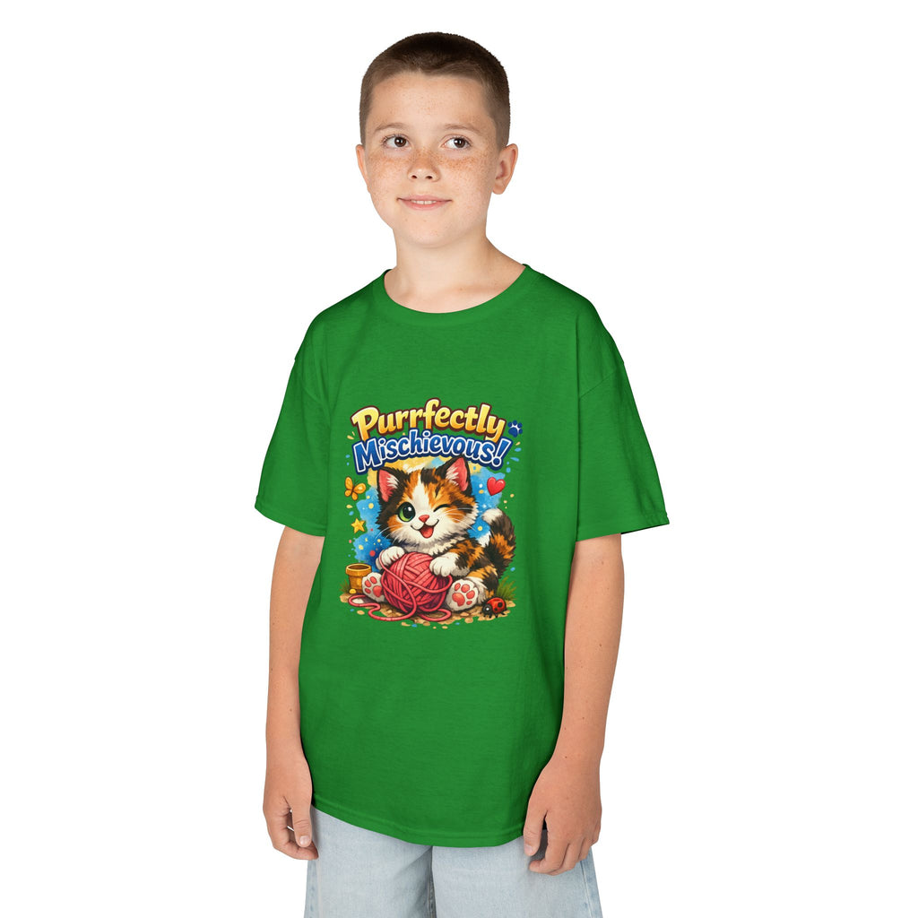 Kids T-Shirt — "Purrfectly Mischievous" Cute Kitten Playing with Yarn