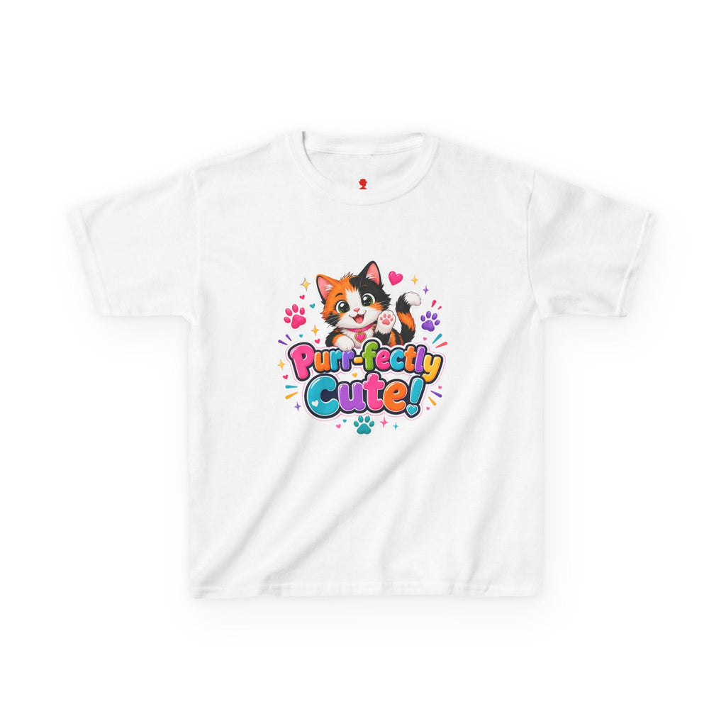 Kids Tee — “Purr-fectly Cute!” Colorful Calico Cat Graphic