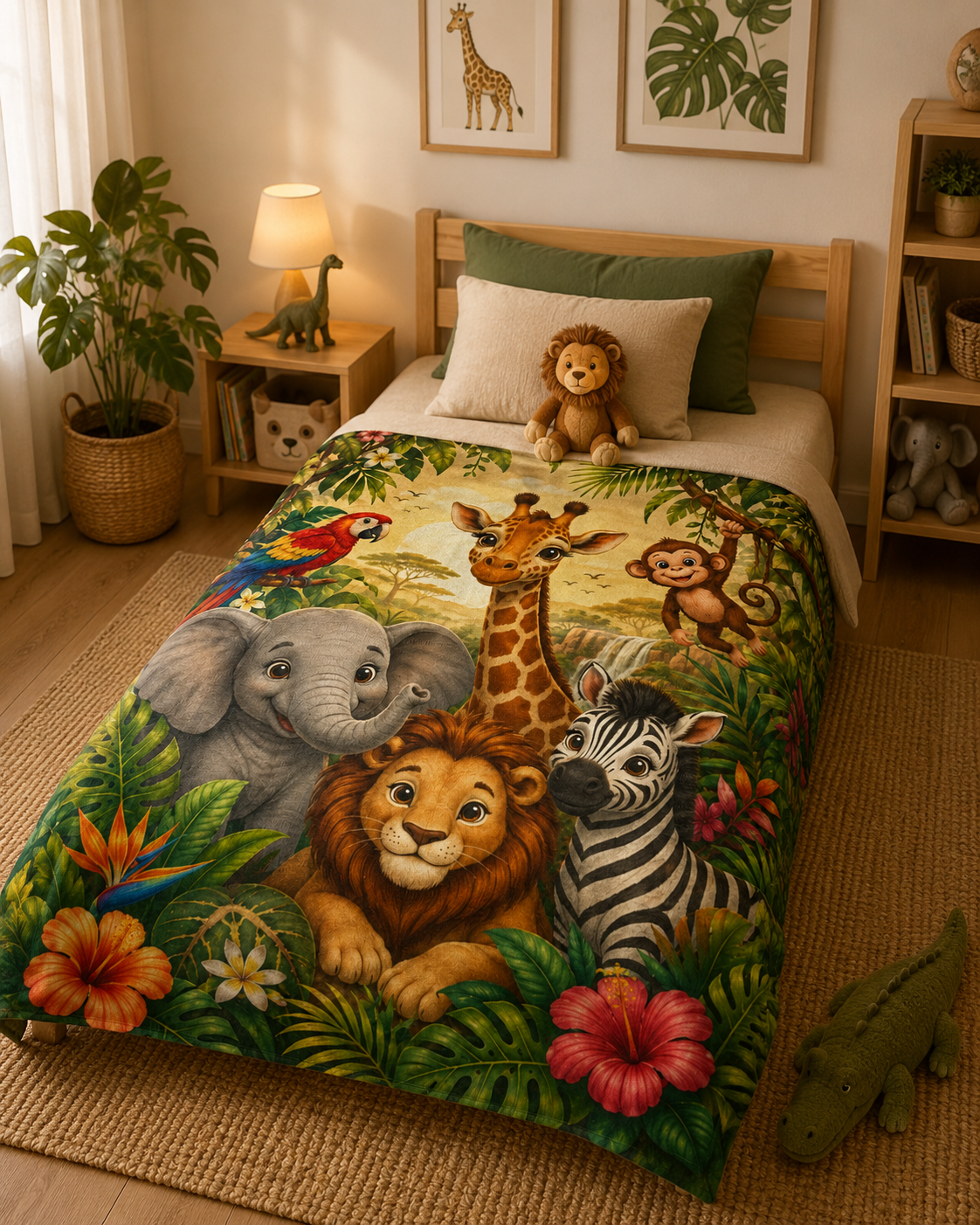 Safari Animal Friends Blanket | Jungle Lion Giraffe Elephant Zebra Monkey Parrot
