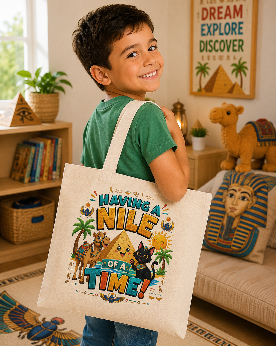 Having a Nile of a Time tote bag | Egyptian pyramid cat camel design