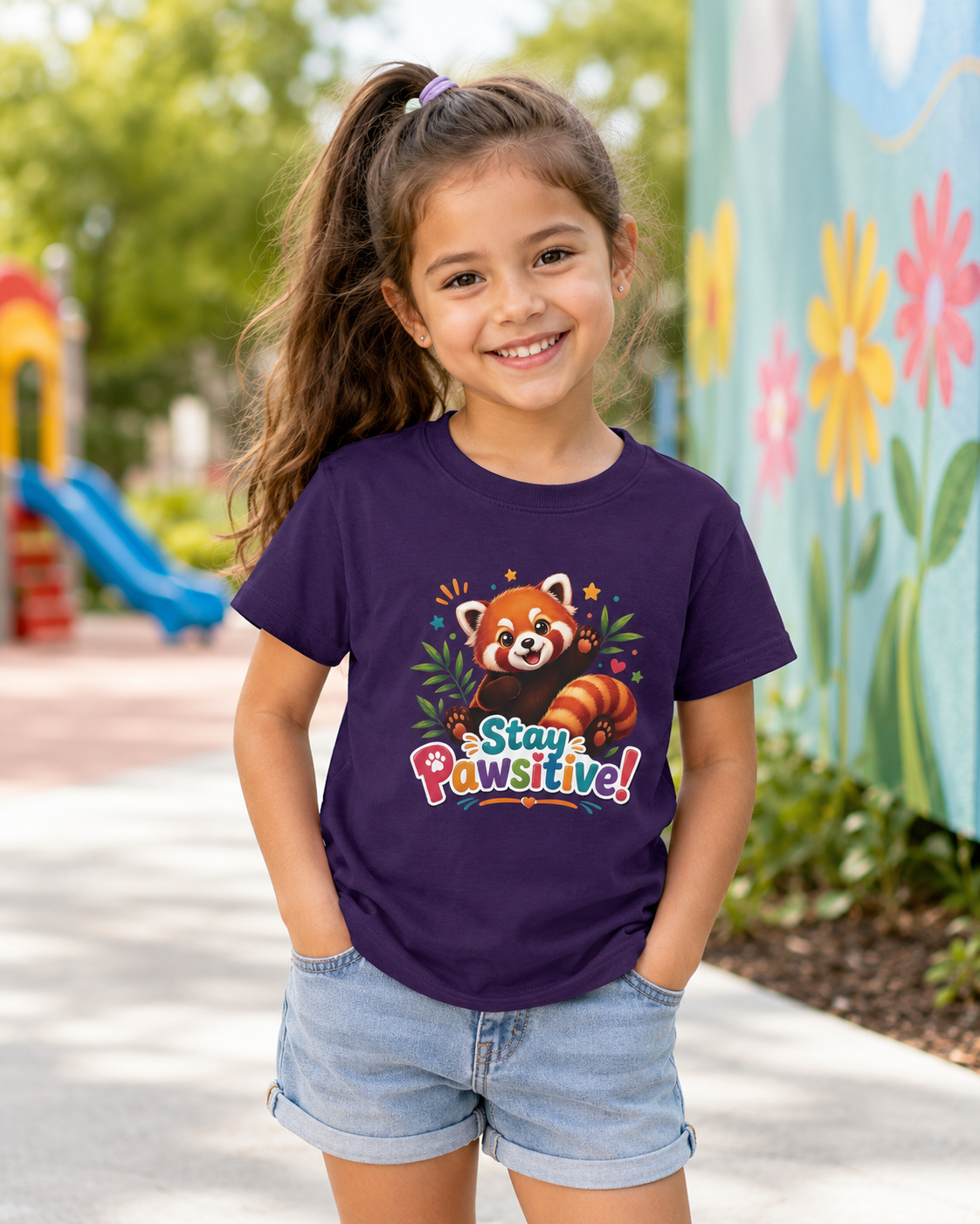 Stay Pawsitive Red Panda Kids Tee | Cute Animal Positive Message