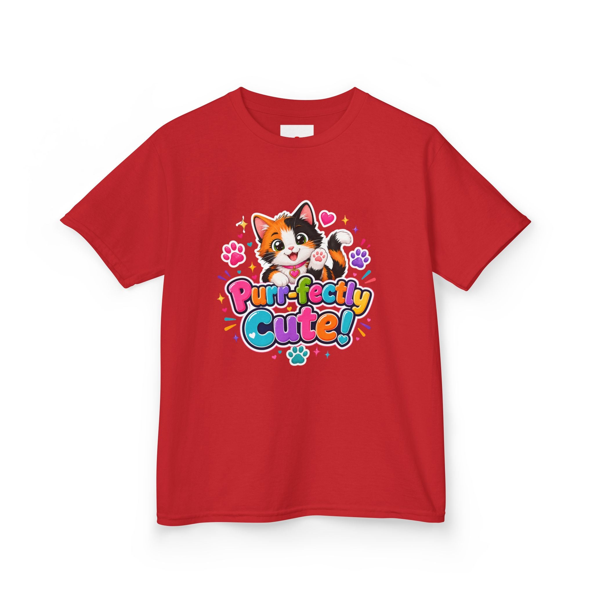 Kids Tee — “Purr-fectly Cute!” Colorful Calico Cat Graphic