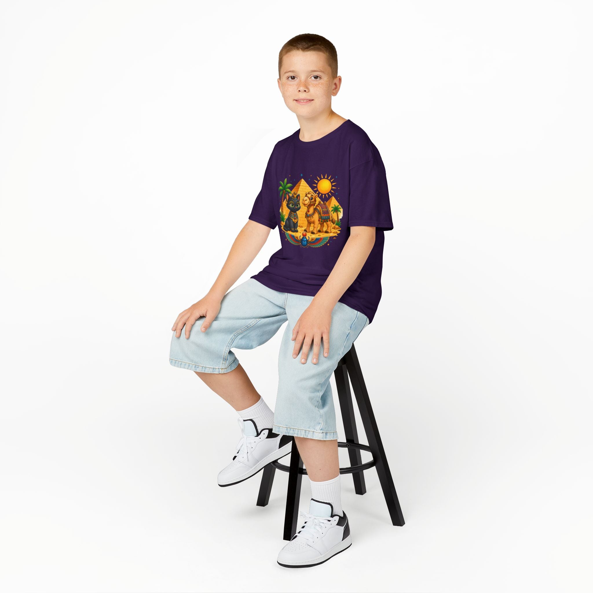Egyptian Cats and Camel Kids Tee | Pyramid Desert Sun Illustration