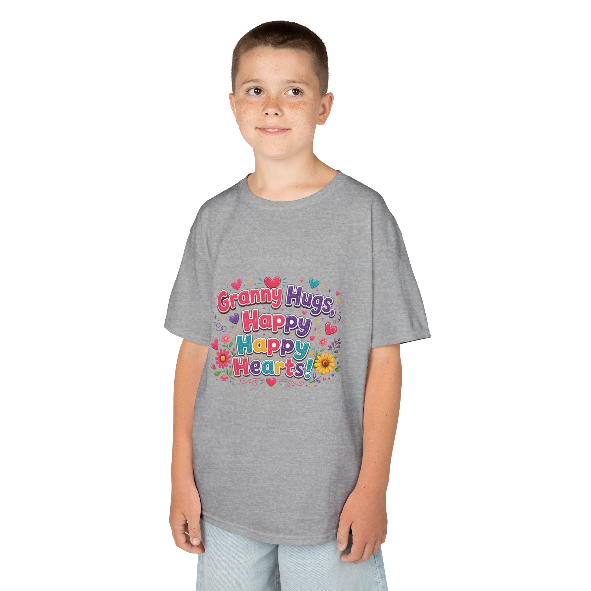 Granny Hugs Happy Hearts Kids Tee | Colorful Floral Kids Shirt