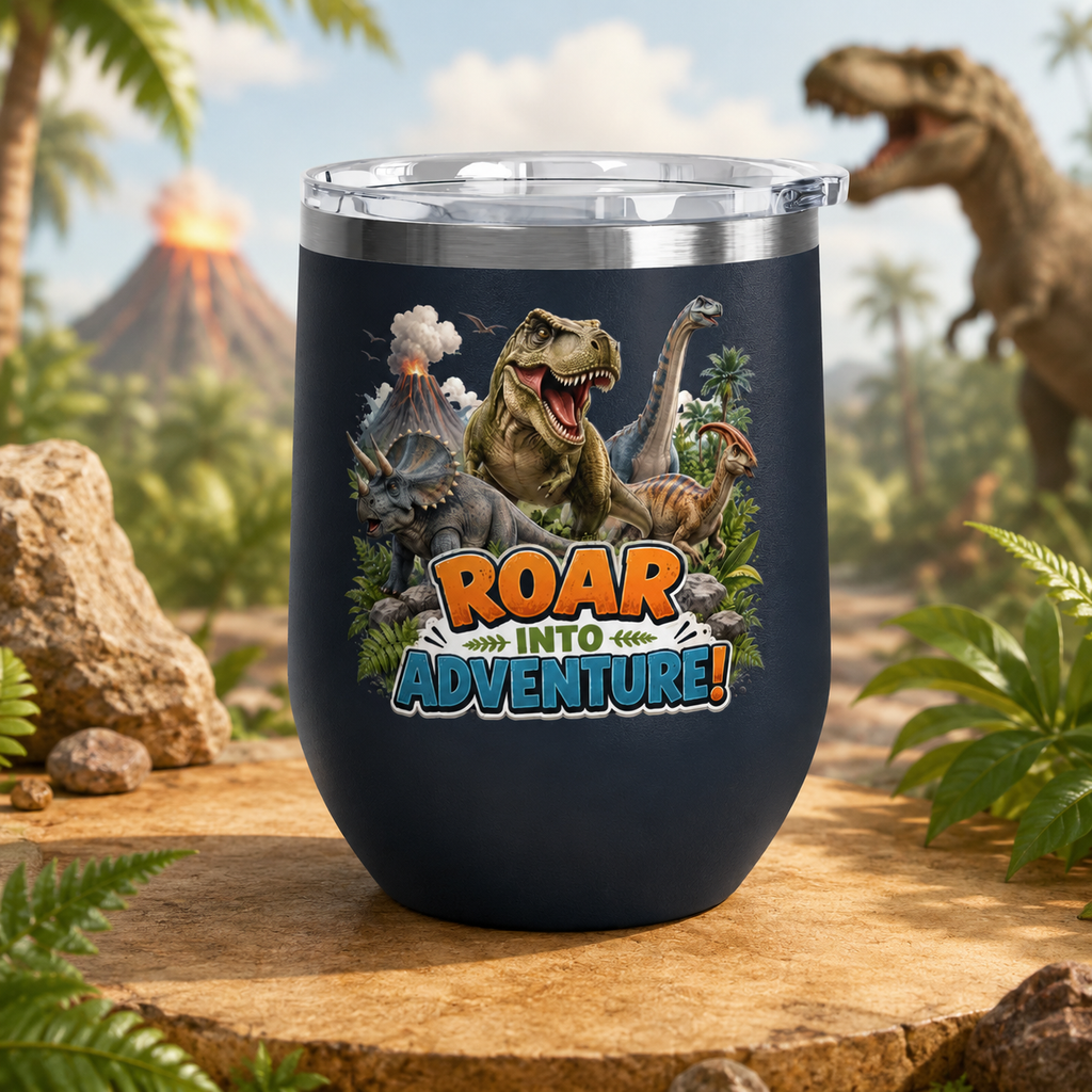Roar Into Adventure! Dinosaur Tumbler – 12oz Stainless Steel Travel Cup