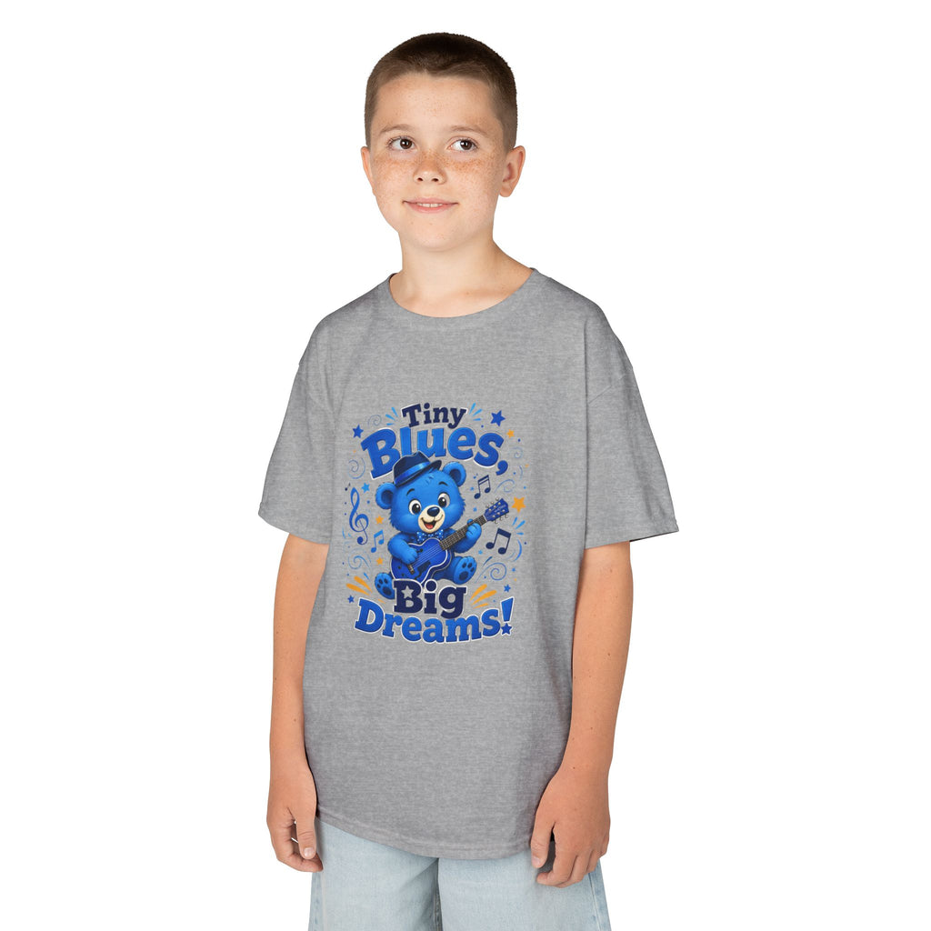 Kids Tee - "Tiny Blues, Big Dreams!" Cute Blue Bear Music Graphic
