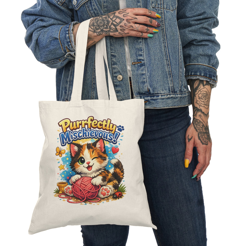 Natural Tote Bag - "Purrfectly Mischievous" Cute Kitten Yarn Shopper Tote