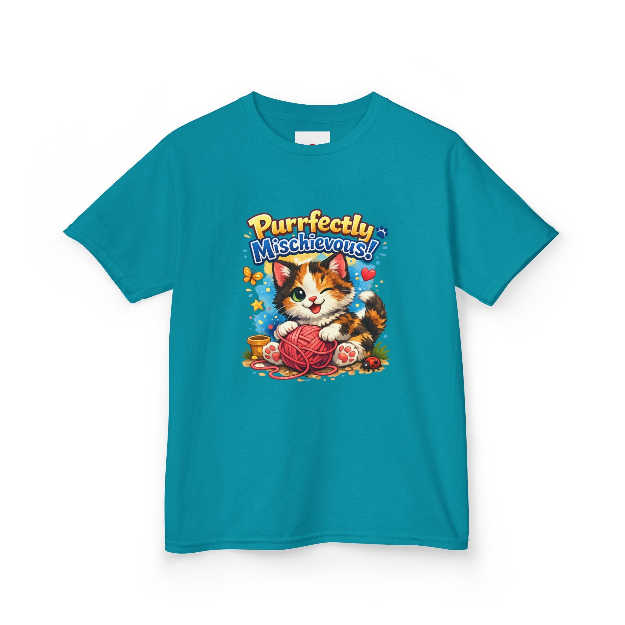 Kids T-Shirt — "Purrfectly Mischievous" Cute Kitten Playing with Yarn
