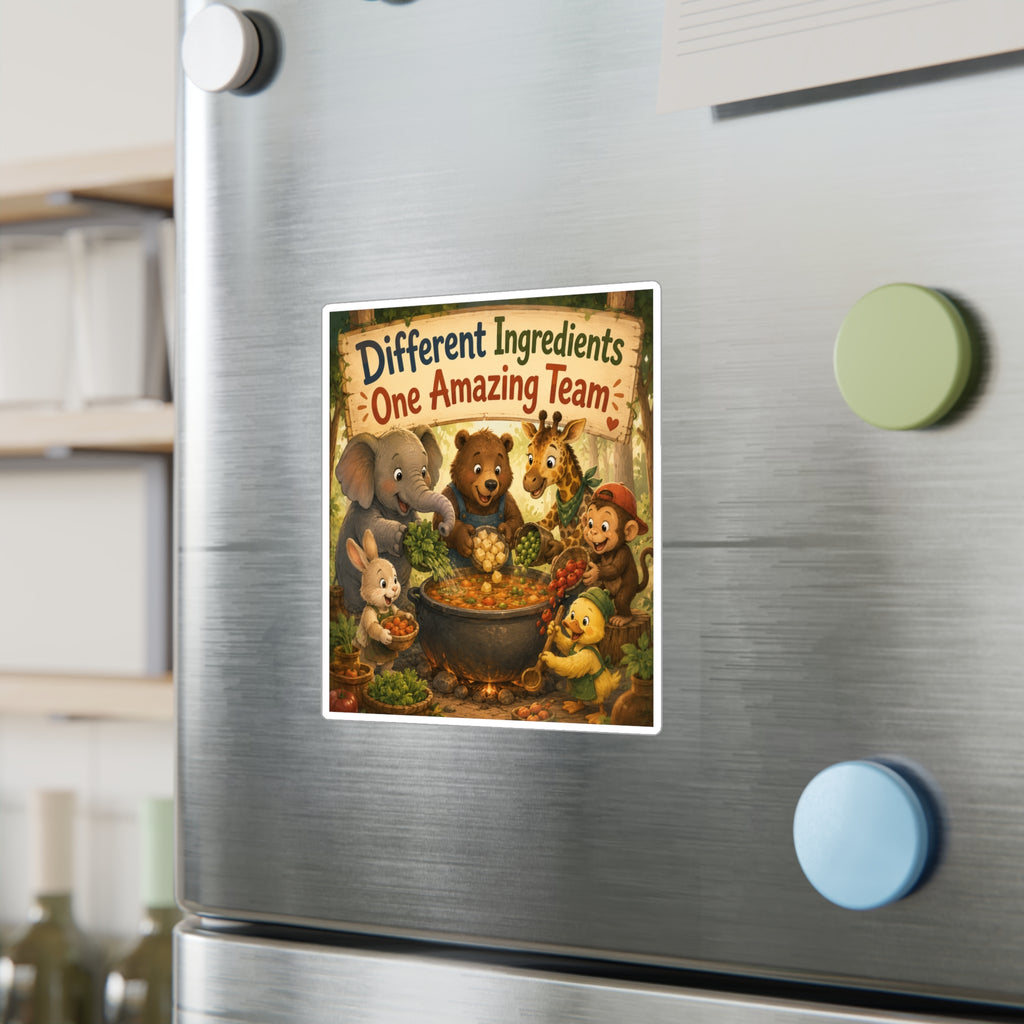 Kiss-Cut Vinyl Sticker — "Different Ingredients One Amazing Team" Cute Woodland Animals Teamwork Decal