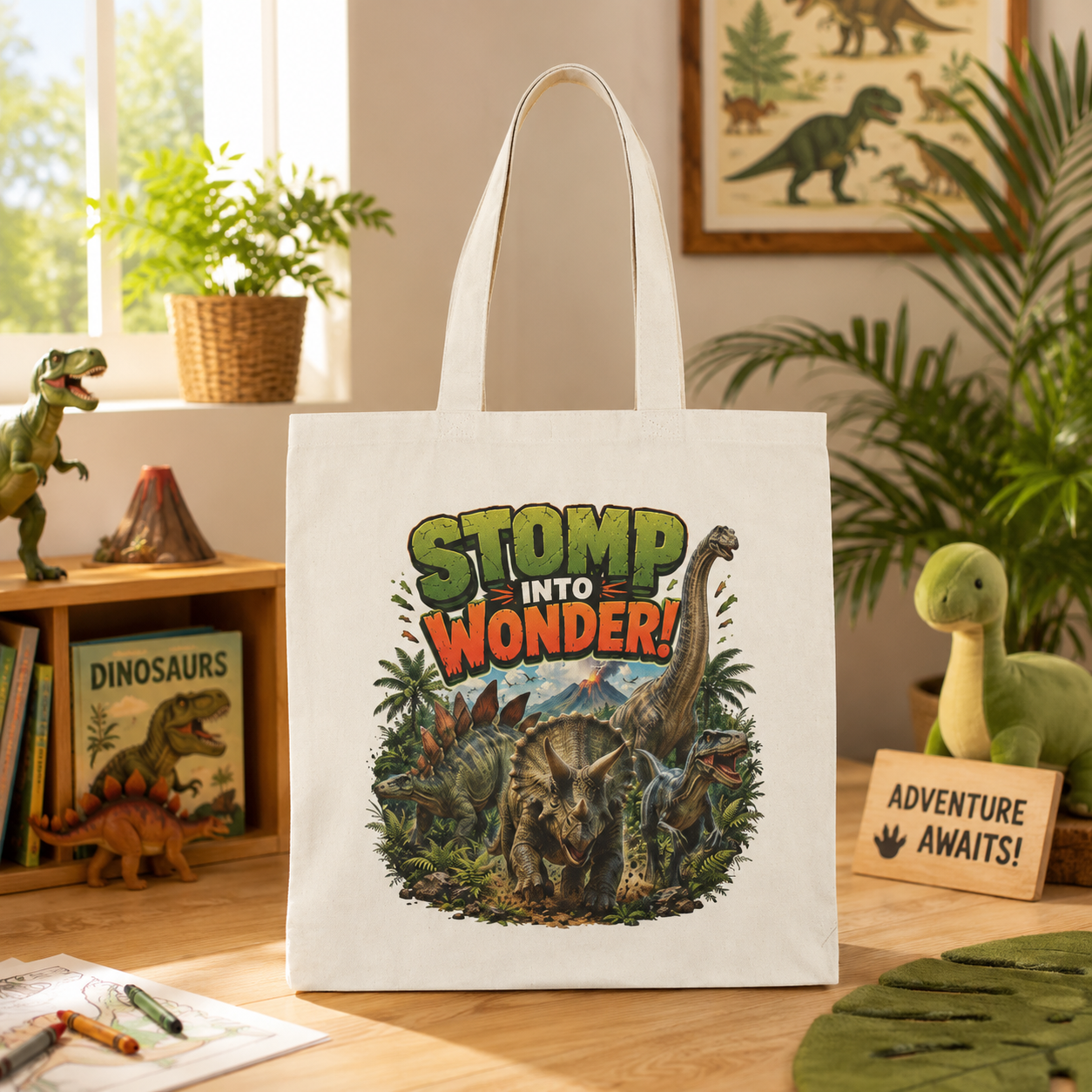 Stomp Into Wonder Natural Tote Bag — Retro Dinosaur Jungle Illustration