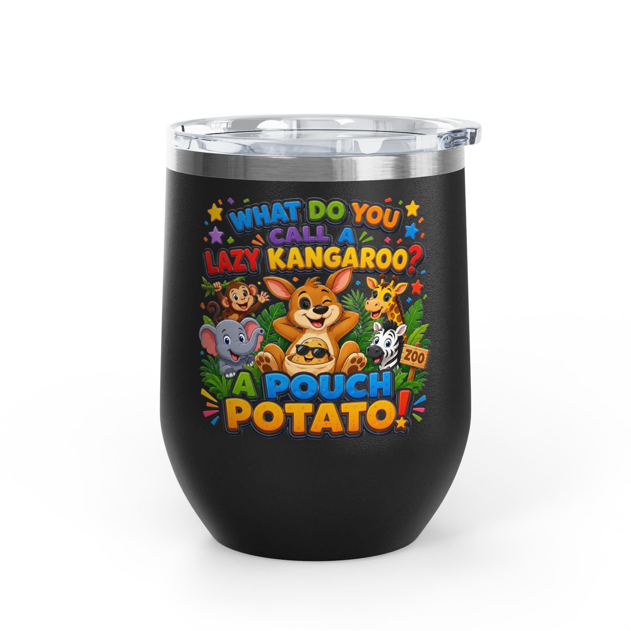"What Do You Call a Lazy Kangaroo? A Pouch Potato!" Cute Animal Joke 12oz Insulated Tumbler