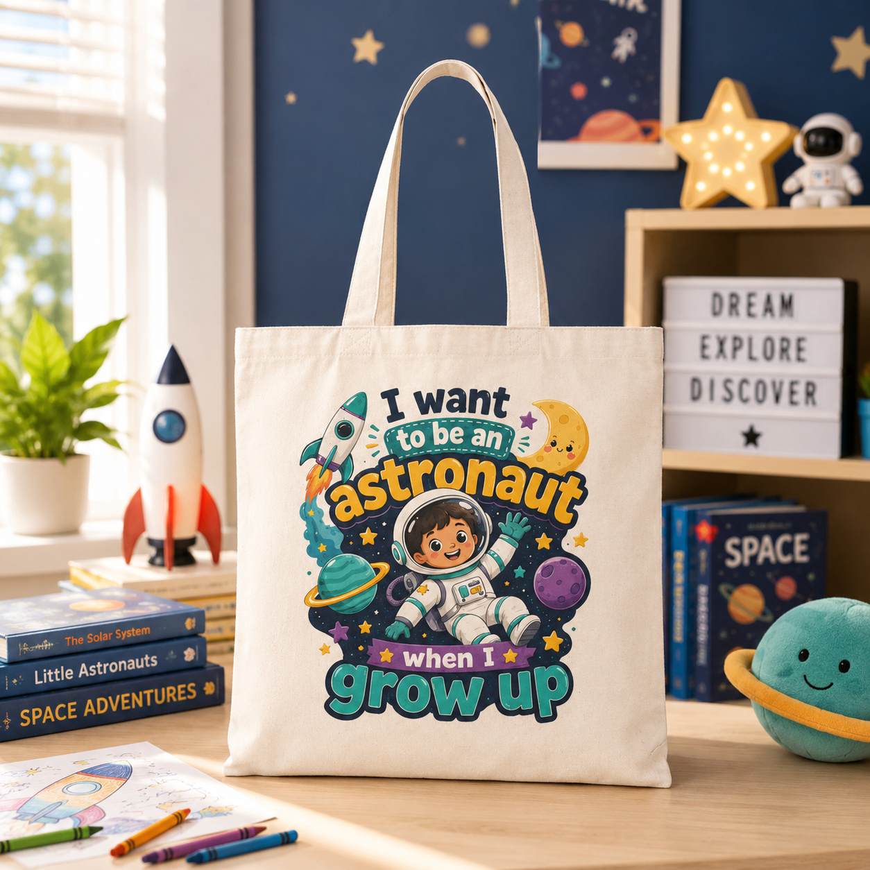 Astronaut Kids Tote Bag — "I Want to Be an Astronaut When I Grow Up" Cotton Canvas Tote