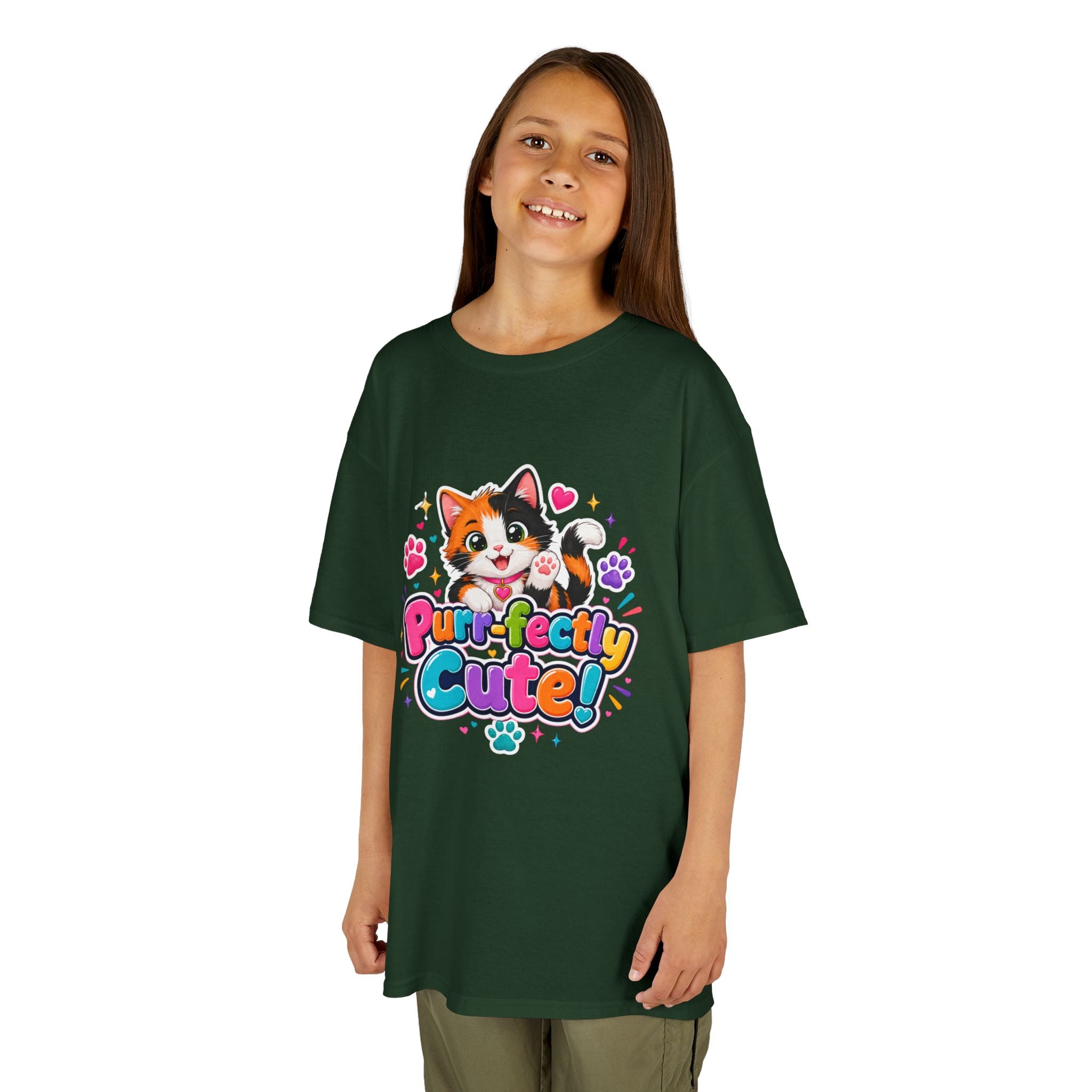Kids Tee — “Purr-fectly Cute!” Colorful Calico Cat Graphic