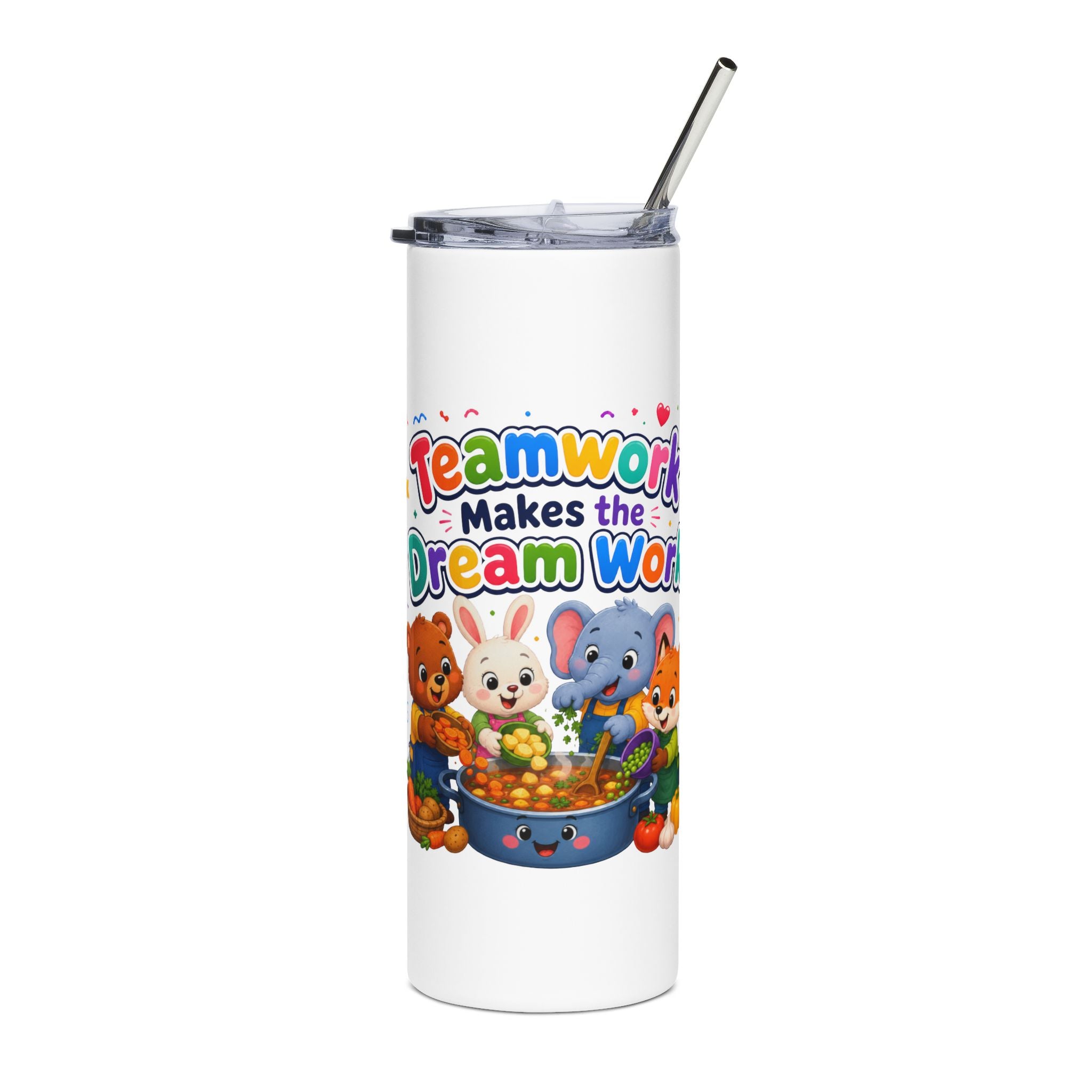 20oz Stainless Tumbler — "Teamwork Makes the Dream Work" Kids Cartoon Bottle