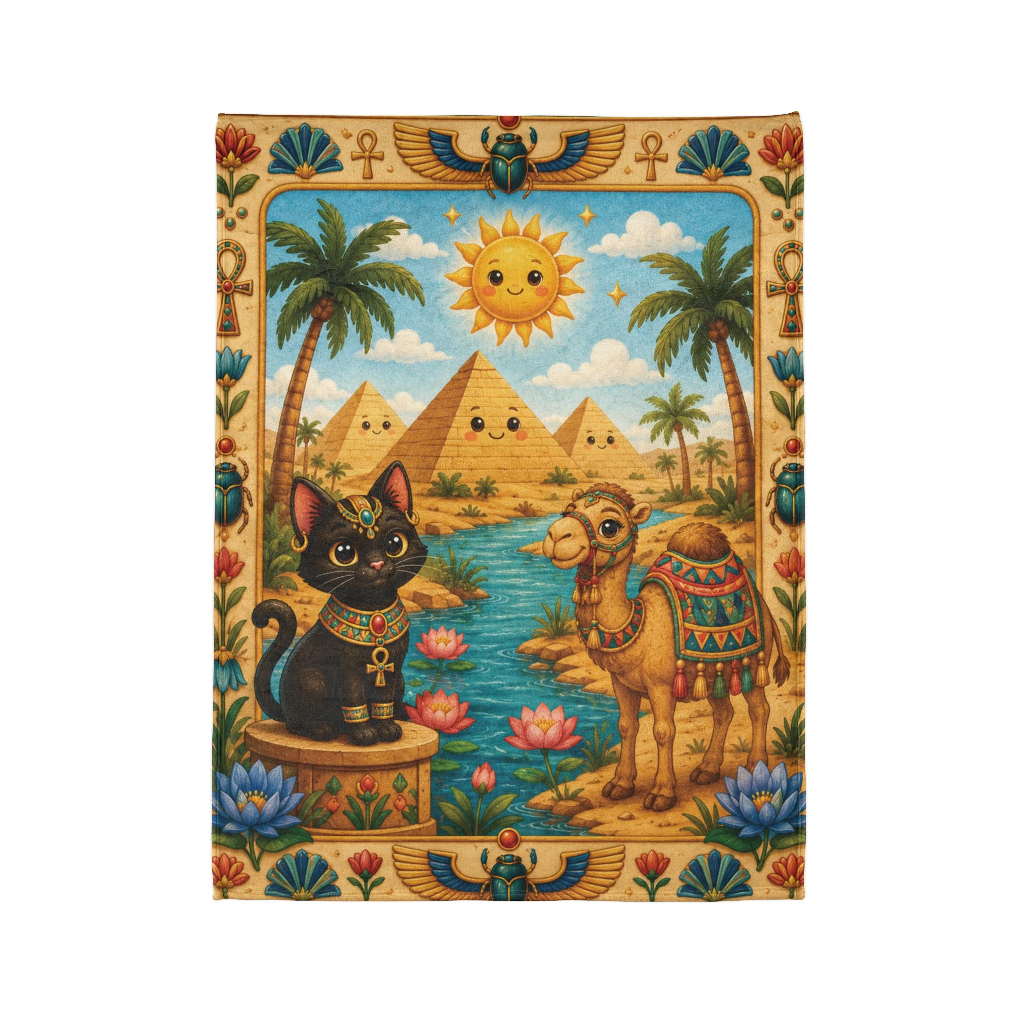 Egyptian Cat and Camel Blanket | Pyramid Sun Retro Egyptian Illustration