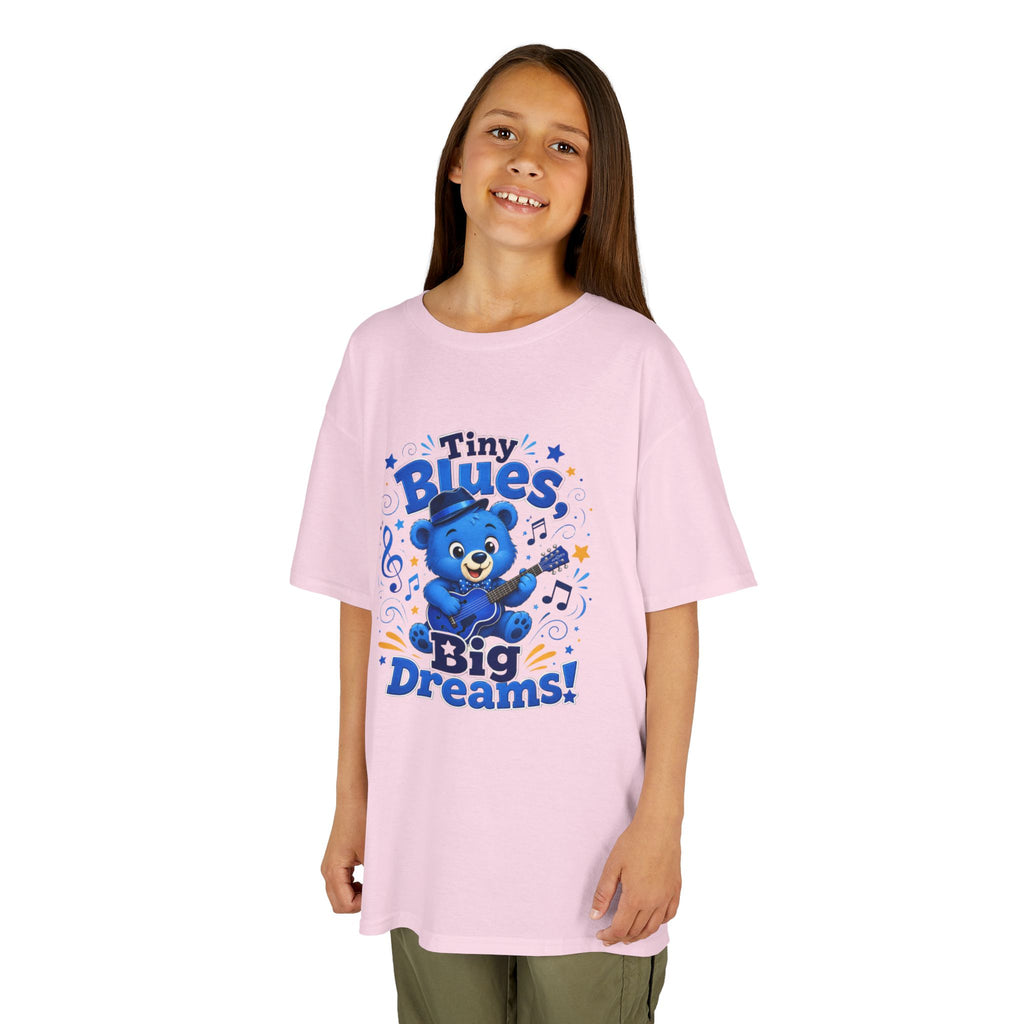 Kids Tee - "Tiny Blues, Big Dreams!" Cute Blue Bear Music Graphic
