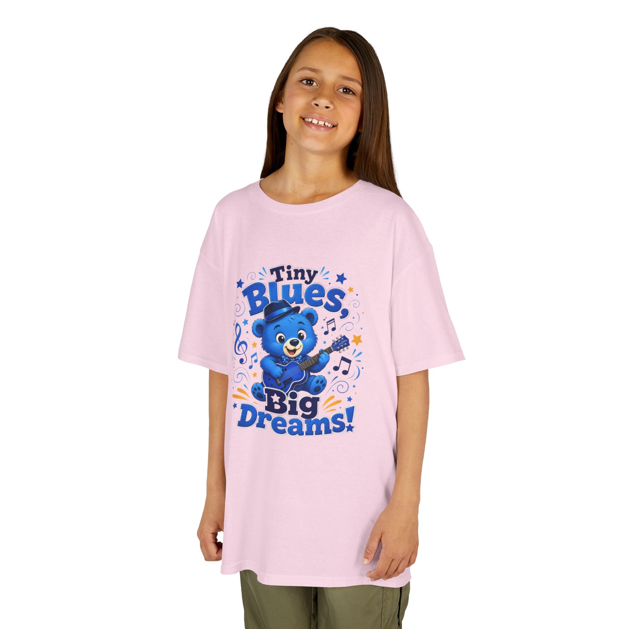 Kids Tee - "Tiny Blues, Big Dreams!" Cute Blue Bear Music Graphic