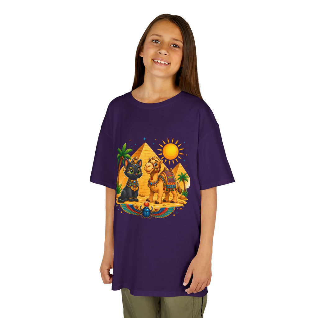 Egyptian Cats and Camel Kids Tee | Pyramid Desert Sun Illustration