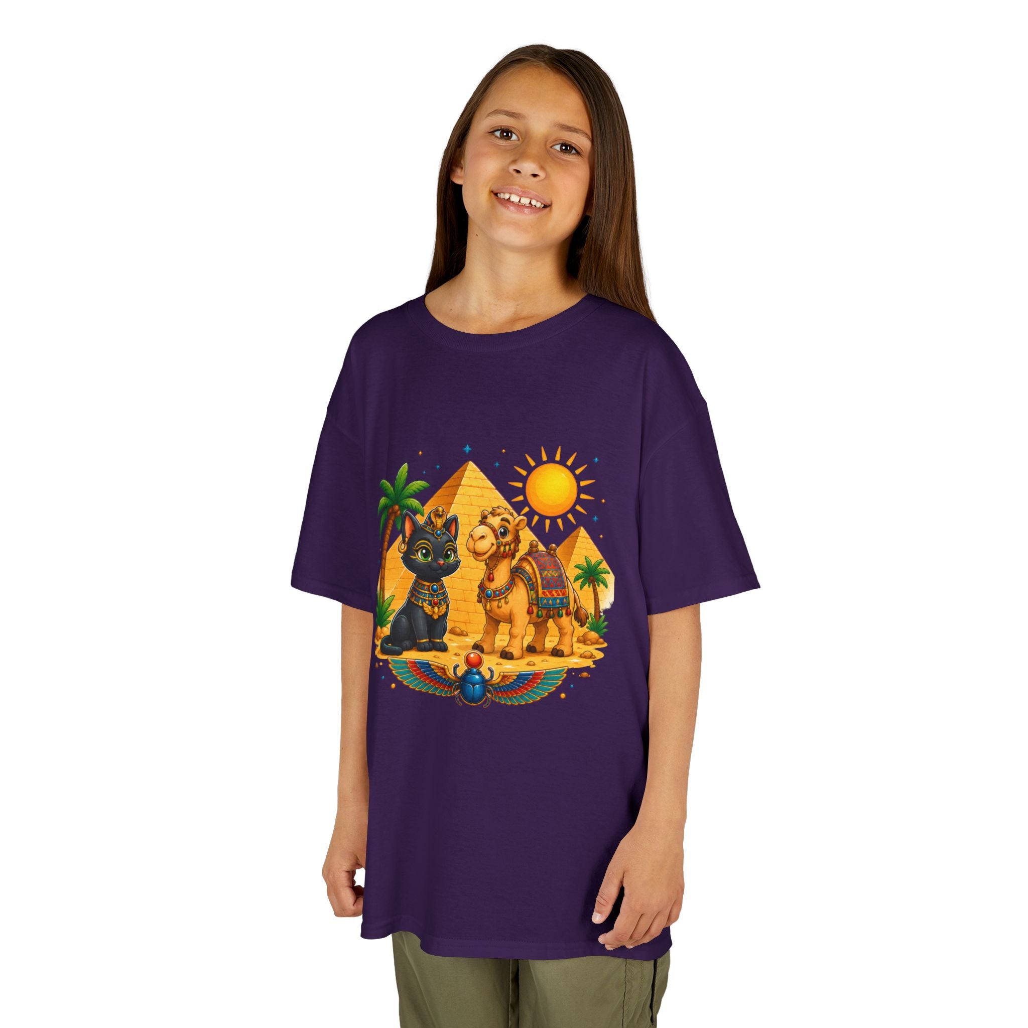 Egyptian Cats and Camel Kids Tee | Pyramid Desert Sun Illustration