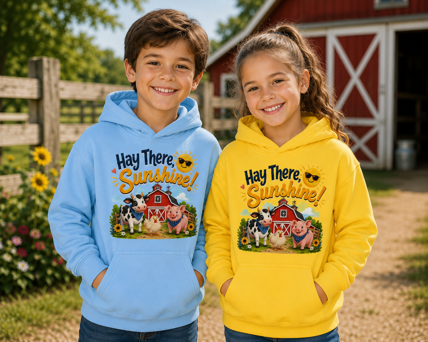 Hay There Sunshine! Kids Hoodie - Cute Farm Animals Barnyard Sweatshirt