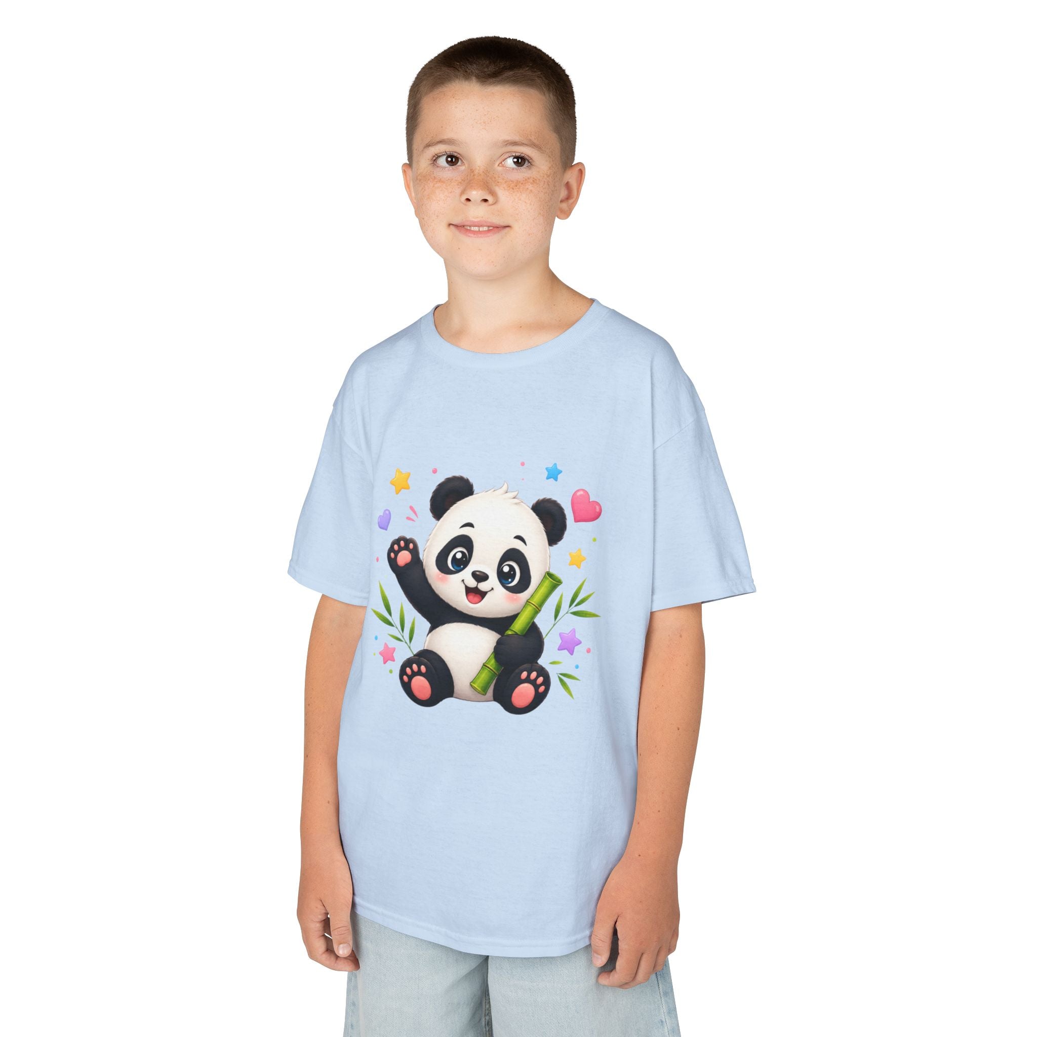 Cute Panda Kids T‑Shirt — Smiling Baby Panda with Hearts & Bamboo