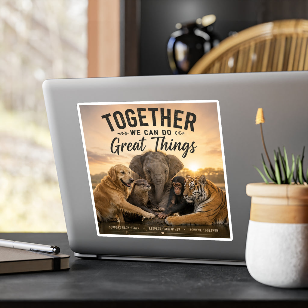 Kiss-Cut Vinyl Decal — "Together We Can Do Great Things" Animal Unity Sticker