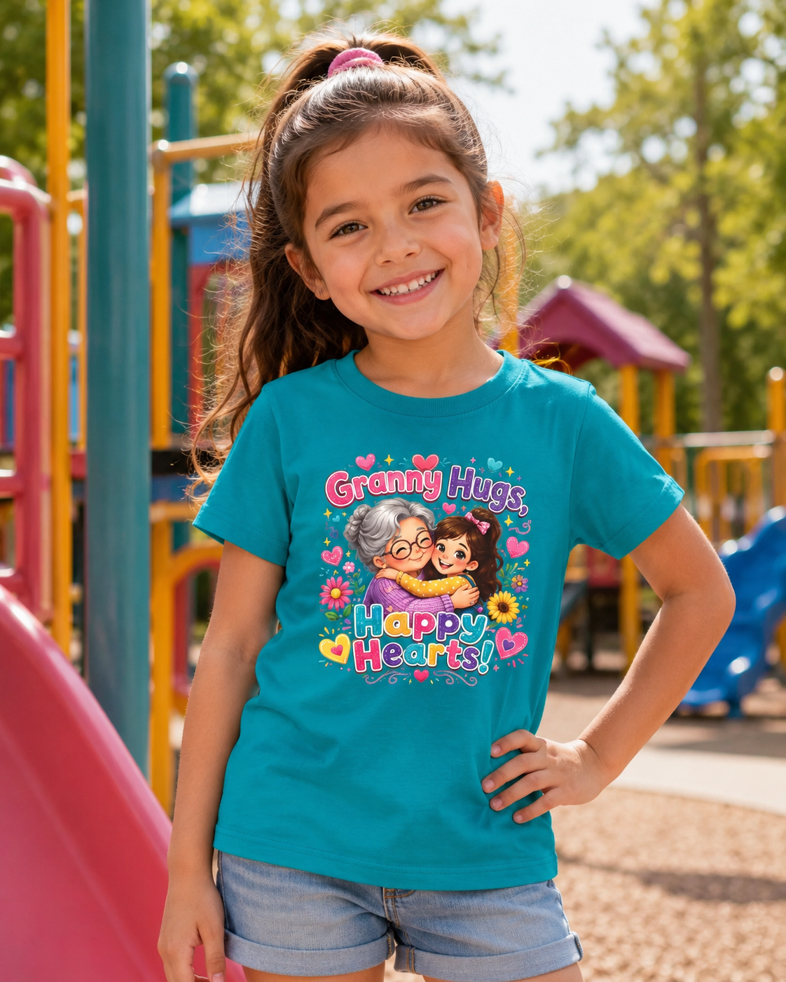 Granny Hugs Happy Hearts Tee | Grandma Grandchild Cute Illustration