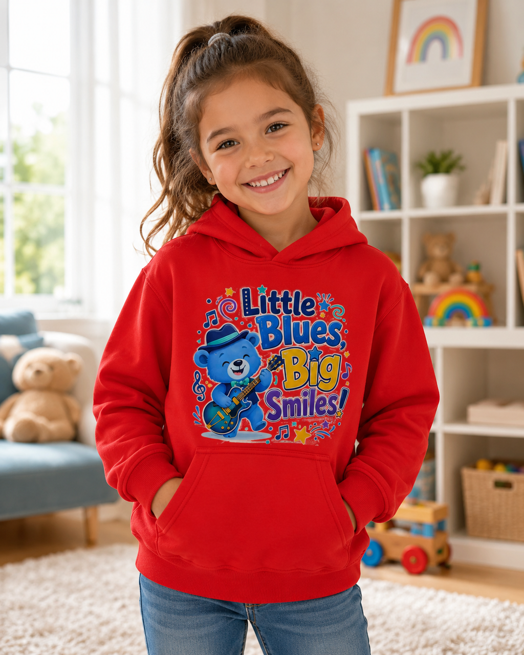 Kids Hoodie - "Little Blues, Big Smiles" Cute Blue Bear Guitar Hoodie for Toddlers