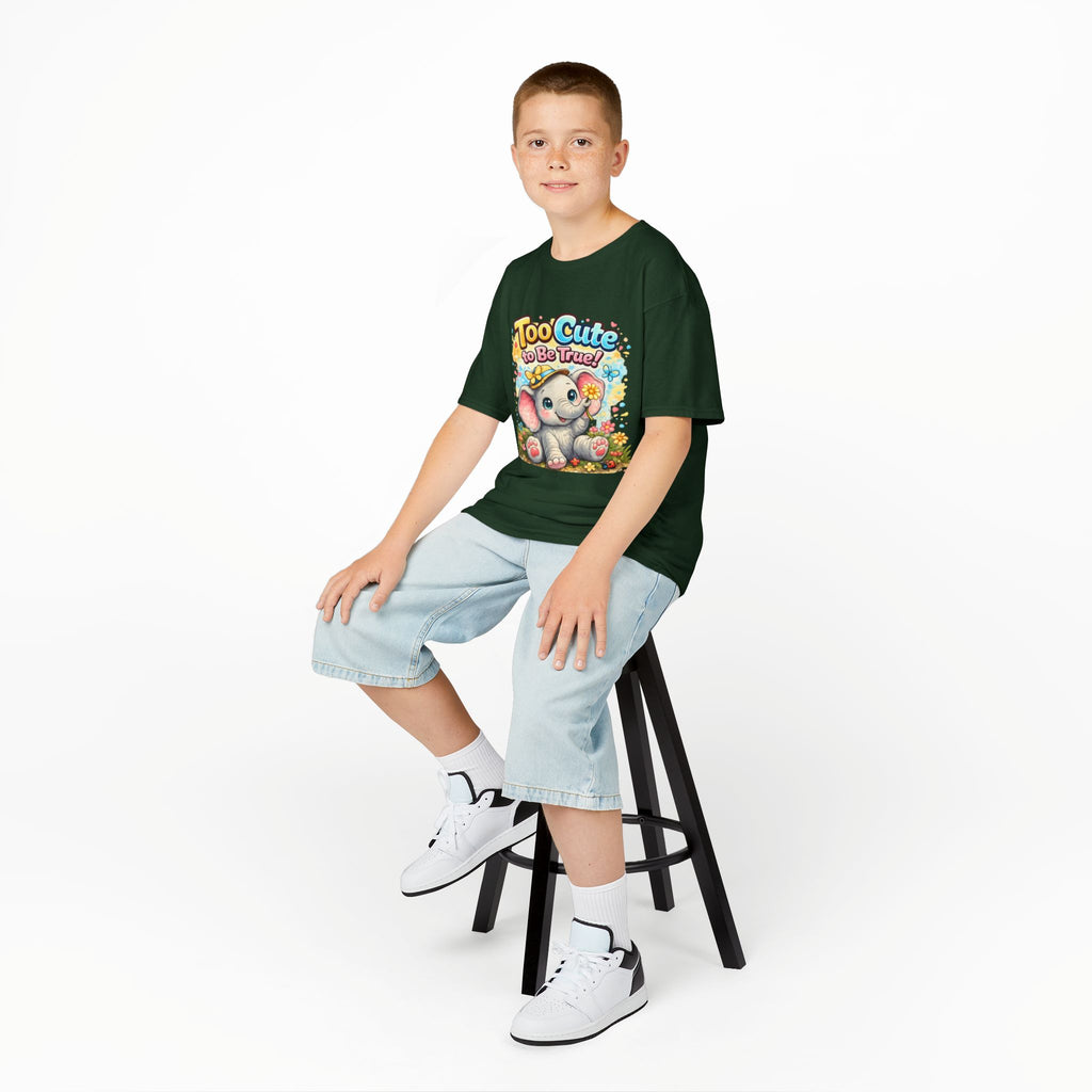 Kids Tee — "Too Cute to Be True" Elephant Graphic