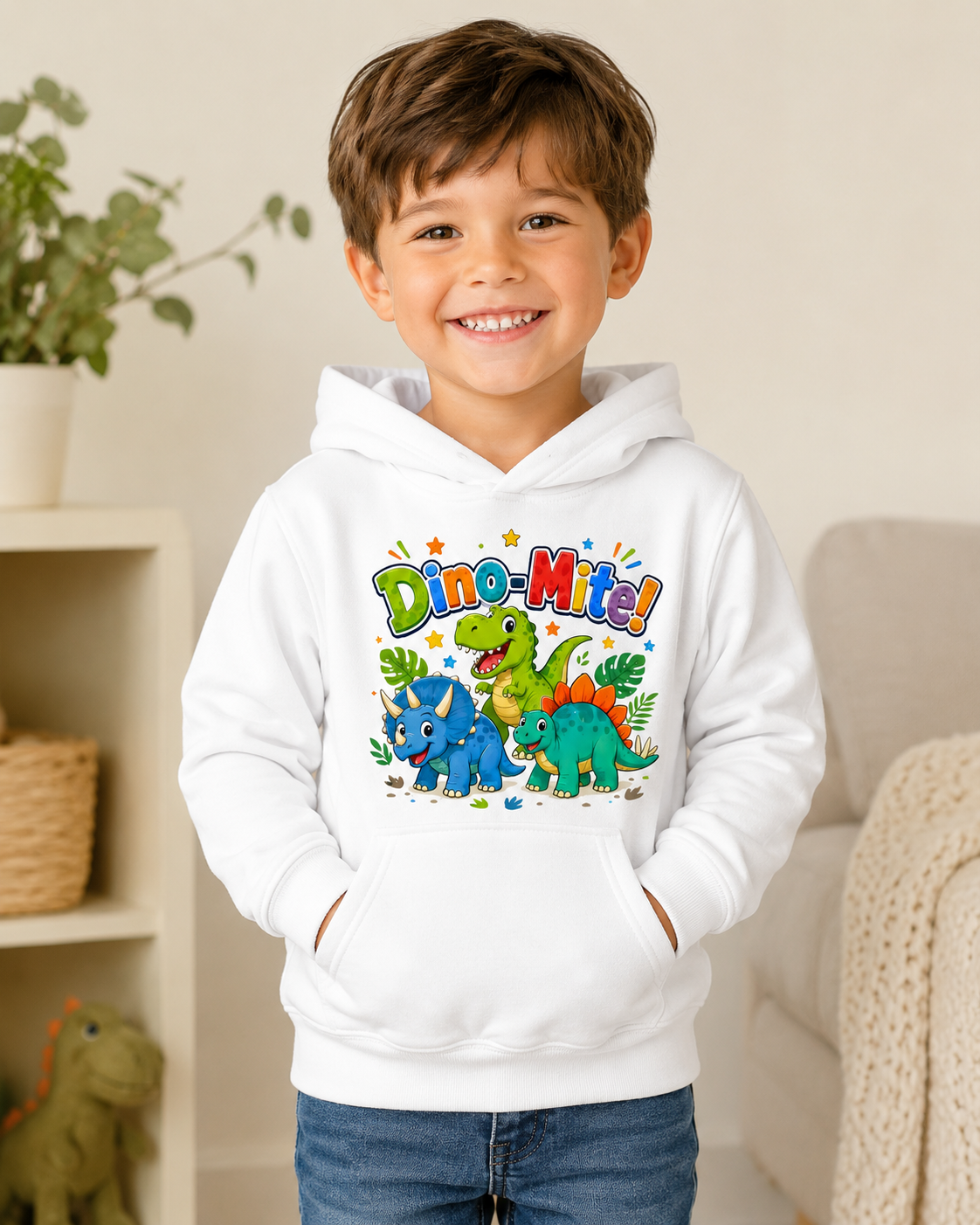Dino-Mite! Kids Hoodie — Cute Colorful Dinosaur Pullover for Toddlers & Kids